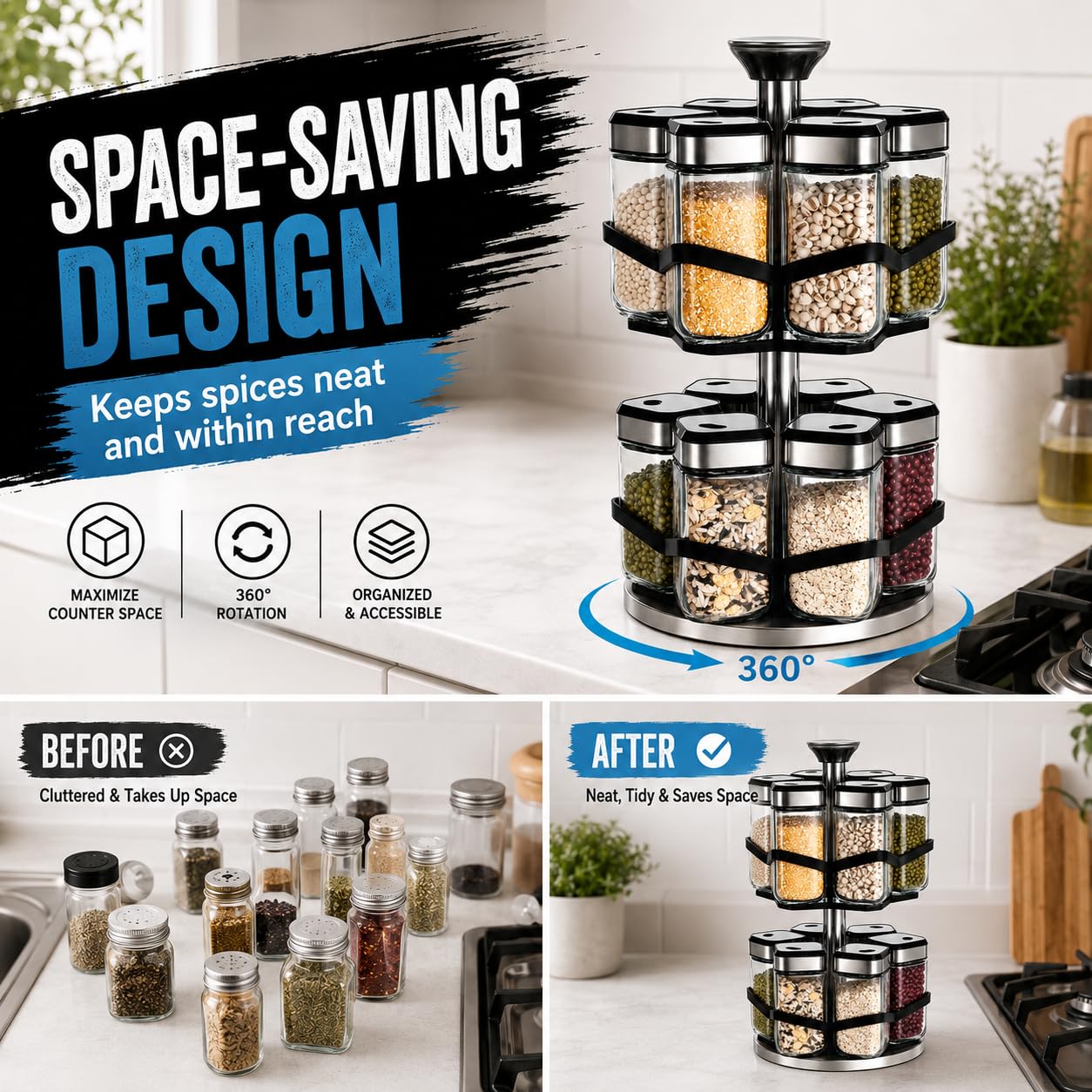Scaffale per Spezie Rotante 360° a Doppio Piano, Acciaio Inox, 12 Barattoli 120ml, 3 Uscite di Dosaggio, Montaggio Non Necessario, Dispenser Spezie Girevole per Cucina