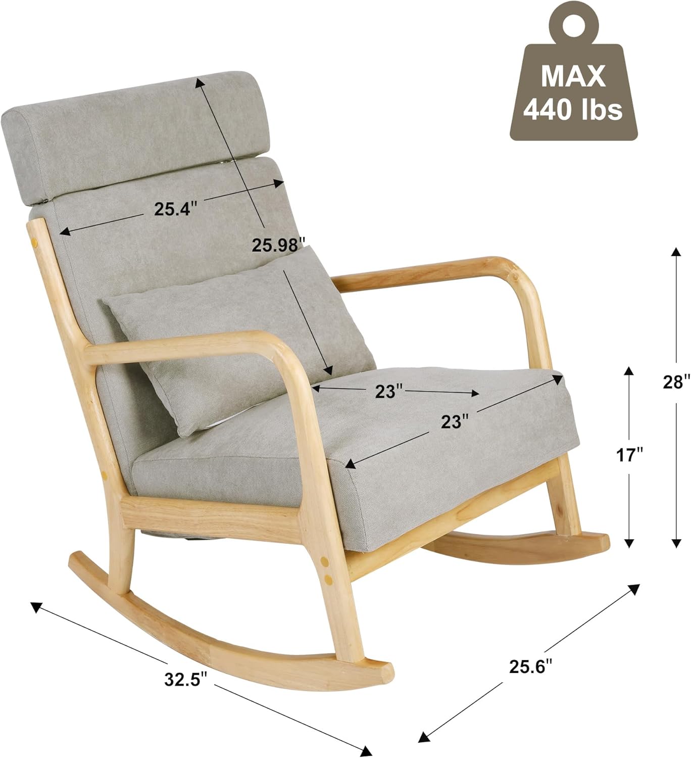 Glider Rocking Chair Solid Wood, Upholstered Accent Chair with High Back, Rocking Chair for Nursery,Glider Rocker Chair for for Living Room, Bedroom,Grey Linen