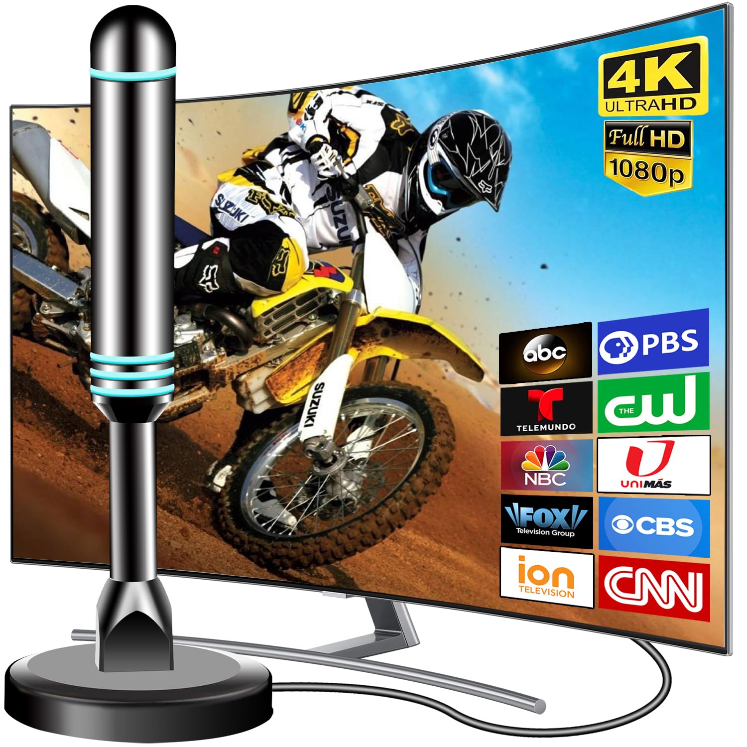 TV Antenna Indoor, 360° Reception Digital Antenna for Smart TV and Old TVs, HD TV Antenna for Local Channels with Strong Magnetic Base Support 4K 1080p -10ft Thick Coaxial Cable