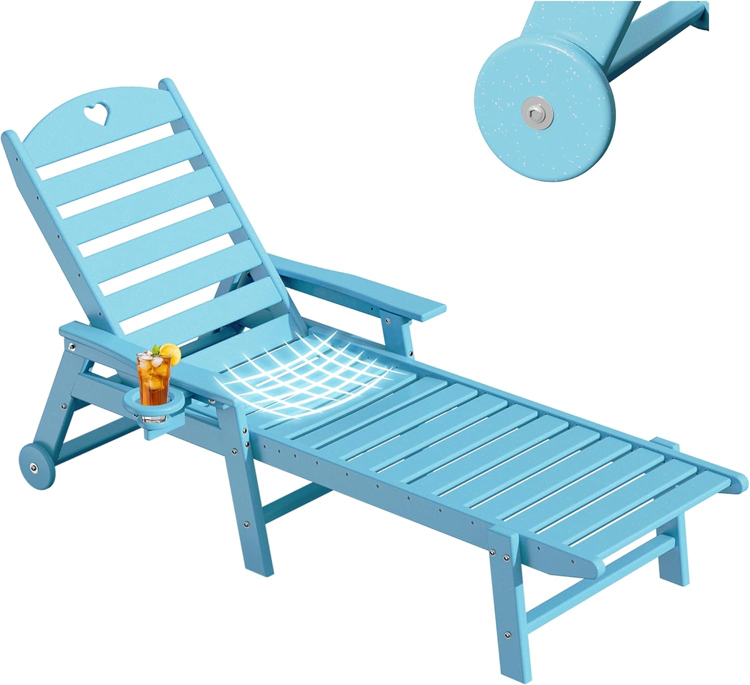 Aokia Chaise Lounge Chair Outdoor with Wheels & Cupholder | Oversize HDPE 6-Position Pool Lounge Chairs | Outdoor Chairs for Patio, Lawn, Garden, Poolside (Light Blue) 1 Light Blue