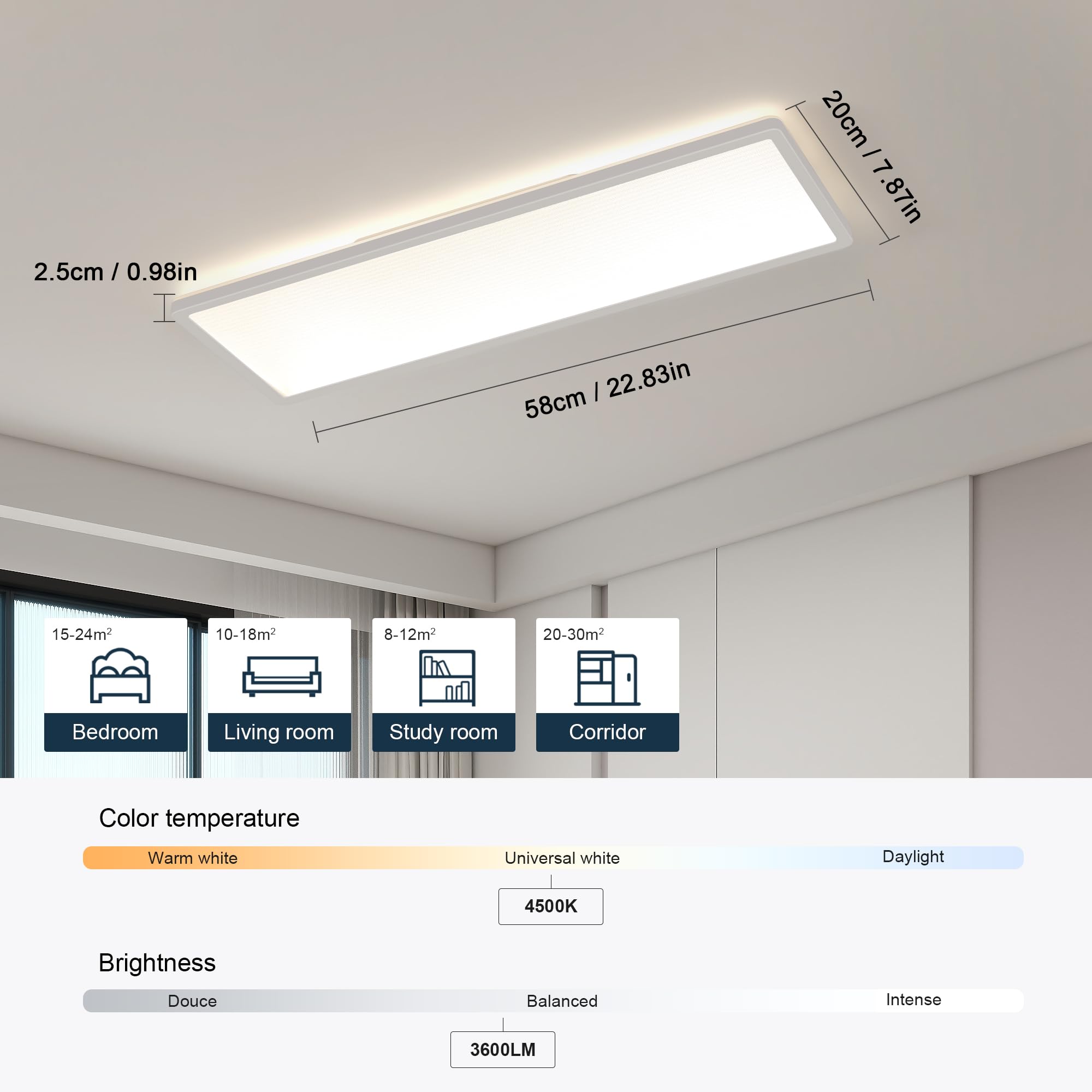 Comely Lampa sufitowa LED, prostokątna, 24 W, biała, 4500K, IP44, panel LED 58 cm