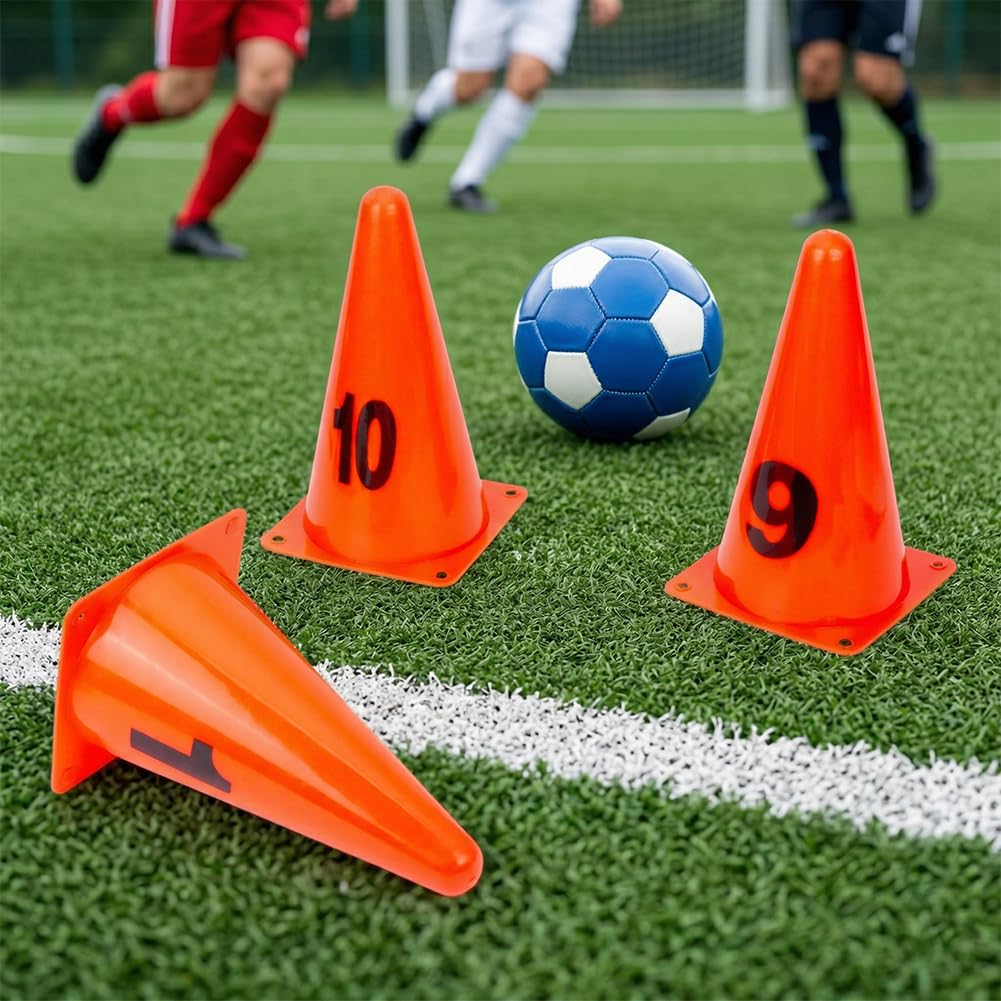 BENECREAT 10 Stück Set nummerierte Hütchen 130x130x230mm Länge orange Trainingsmarkierungen langlebige PVC Sport Hütchen mit Zahlen für Fußball Agilitätstraining