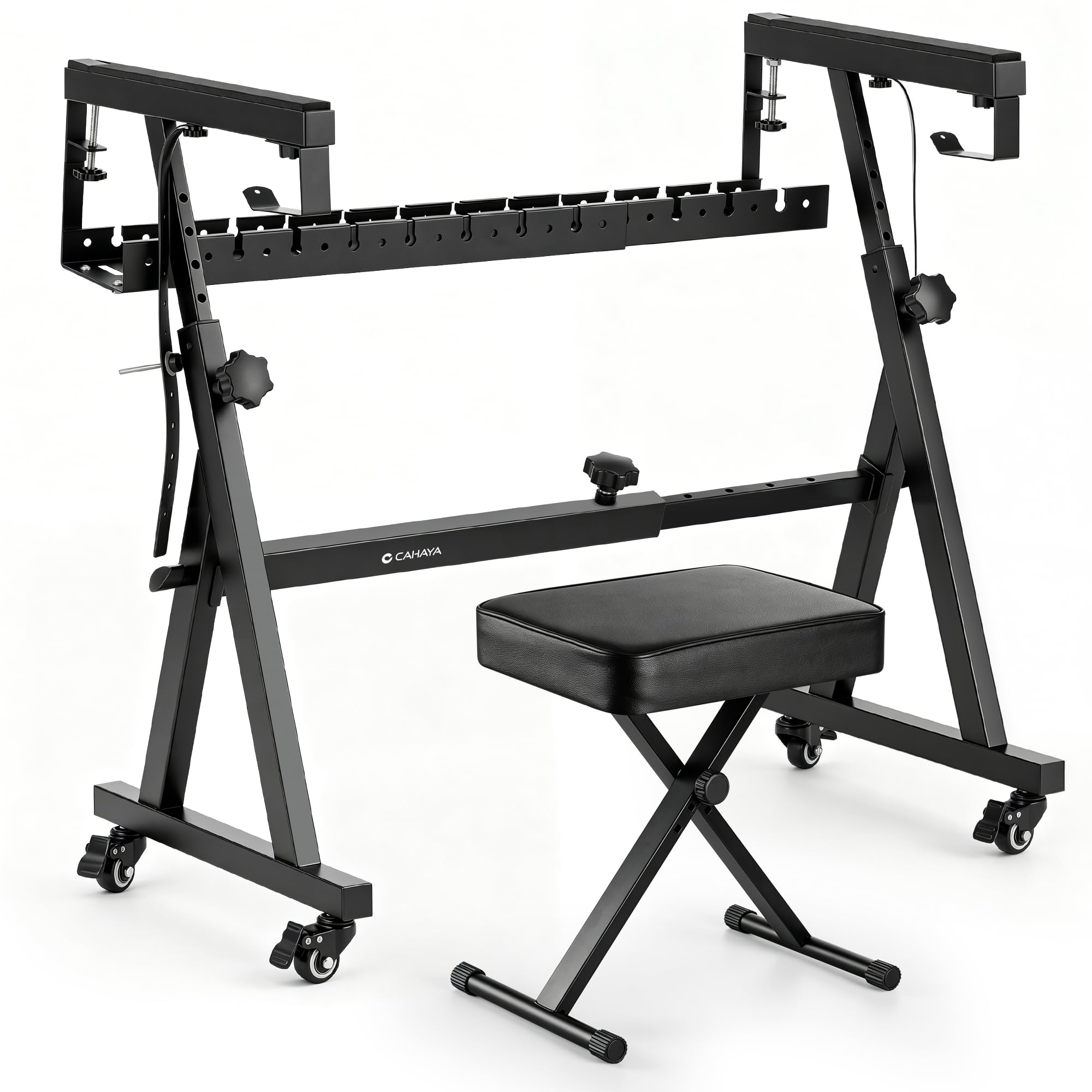 CAHAYA Soporte Teclado Banco Set: Z-Style Ajustable con Ruedas Plegable con Bandeja Acolchado para 54 61 76 88 Teclas Piano Digital