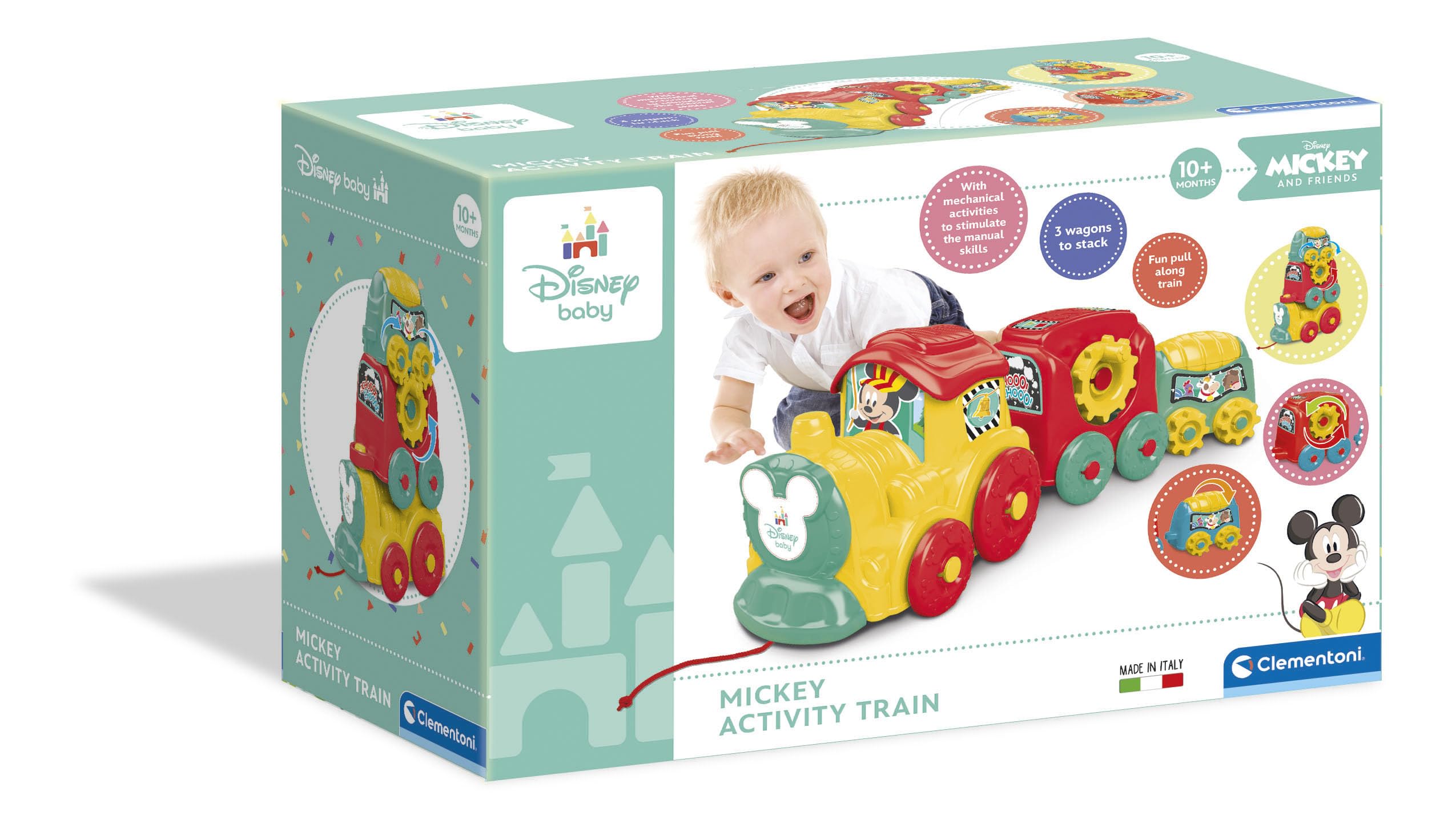 Clementoni Disney Baby Activity Train, Trenino Trainabile con Vagoni Impilabili, per Bambini 10+ Mesi, Gioco Prima Infanzia per Comprendere la Relazione Causa-Effetto, 17168