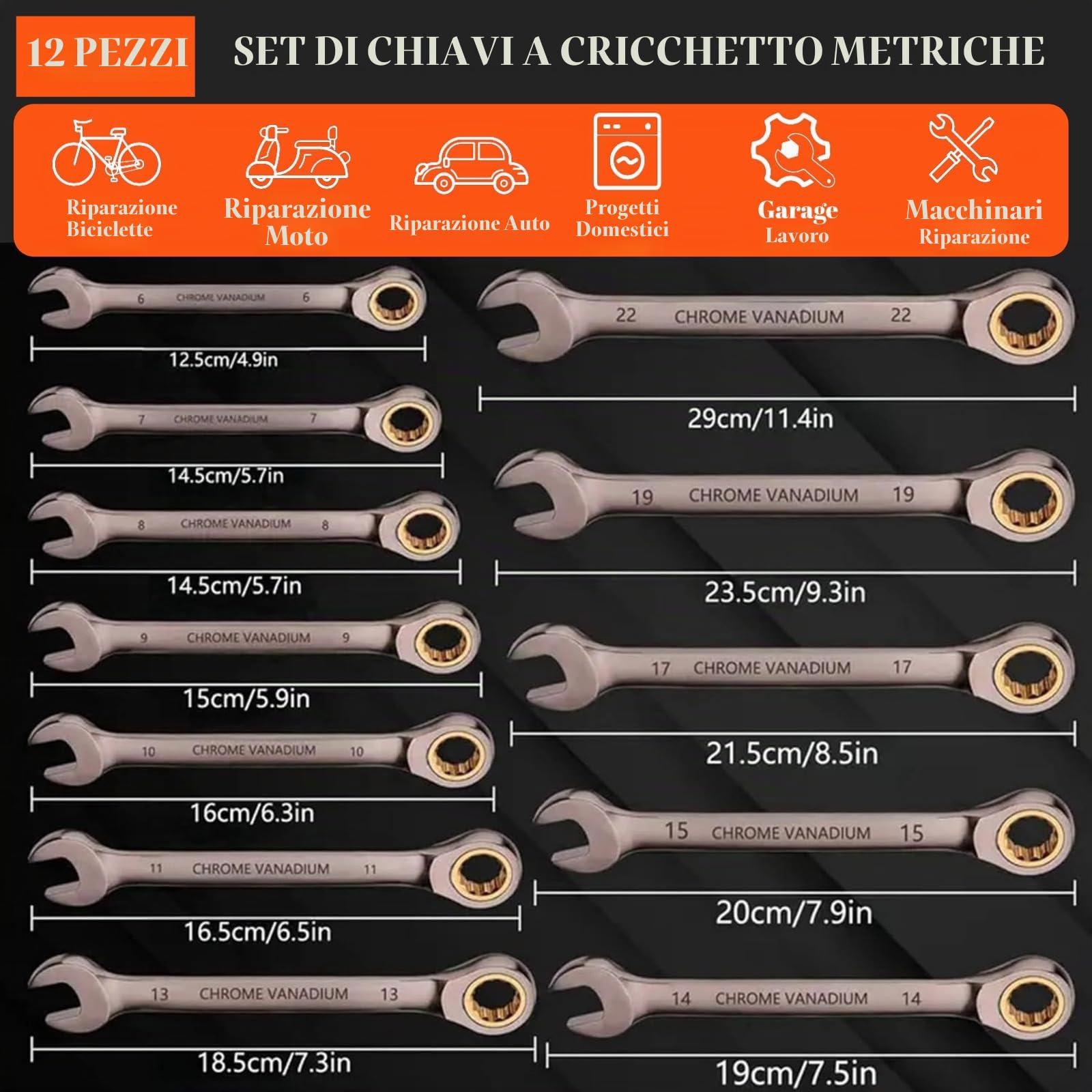 Set di 12 chiavi a cricchetto con 72 denti, 8-19mm, chiavi a cricchetto metriche con testa fissa, set di chiavi a cricchetto in acciaio Cr-V, strumento professionale per auto e casa