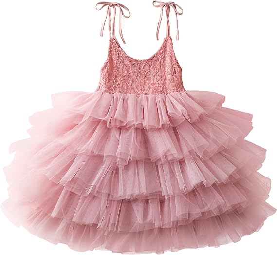 Girls Flower Sleeveless Strap Princess Layered Dress