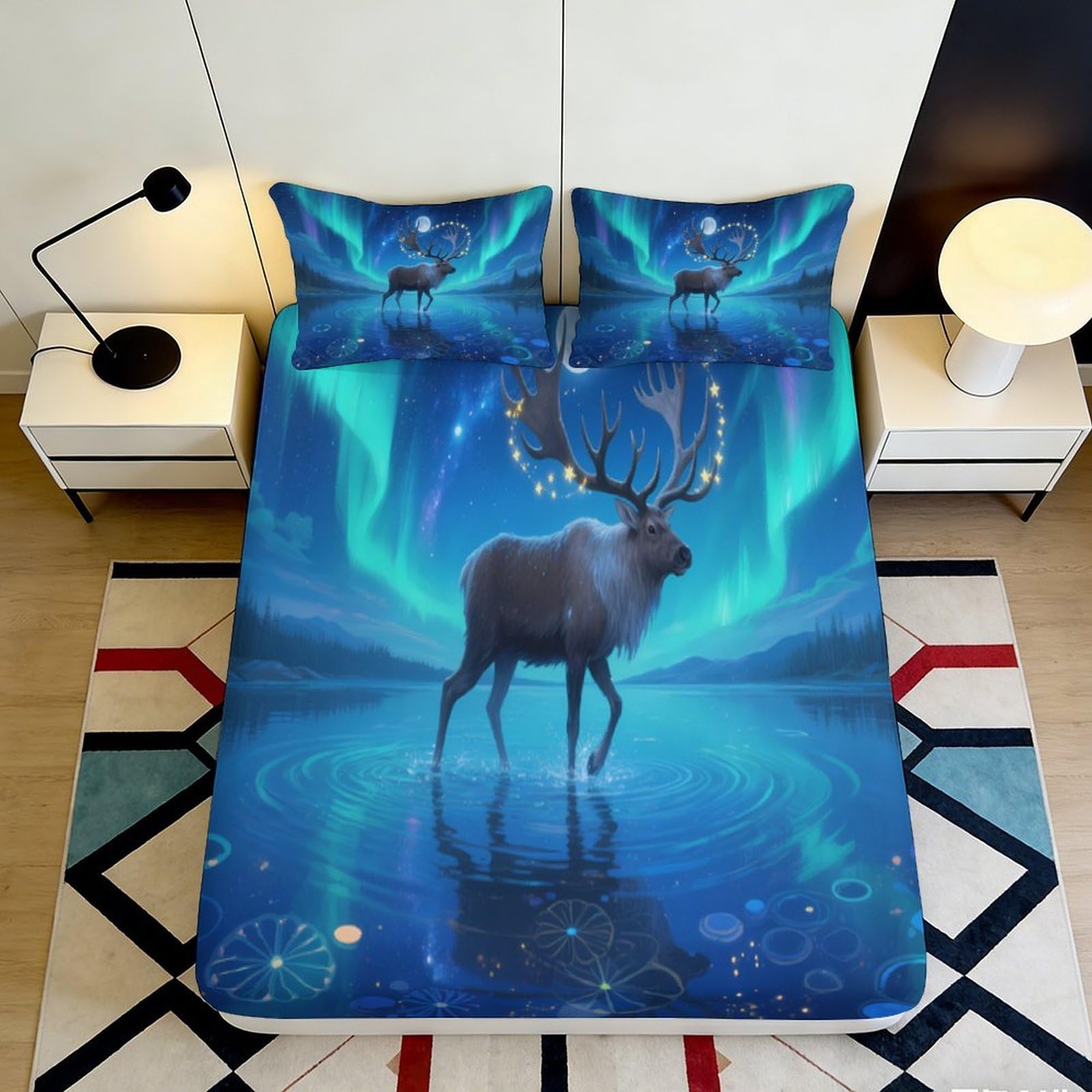 3D Printed Northern Lights Fitted Sheet Microfiber Soft Breathable Aurora Mattress Cover with Reindeer Pattern for Bedroom Dormitory Guest Room 140x200x25cm