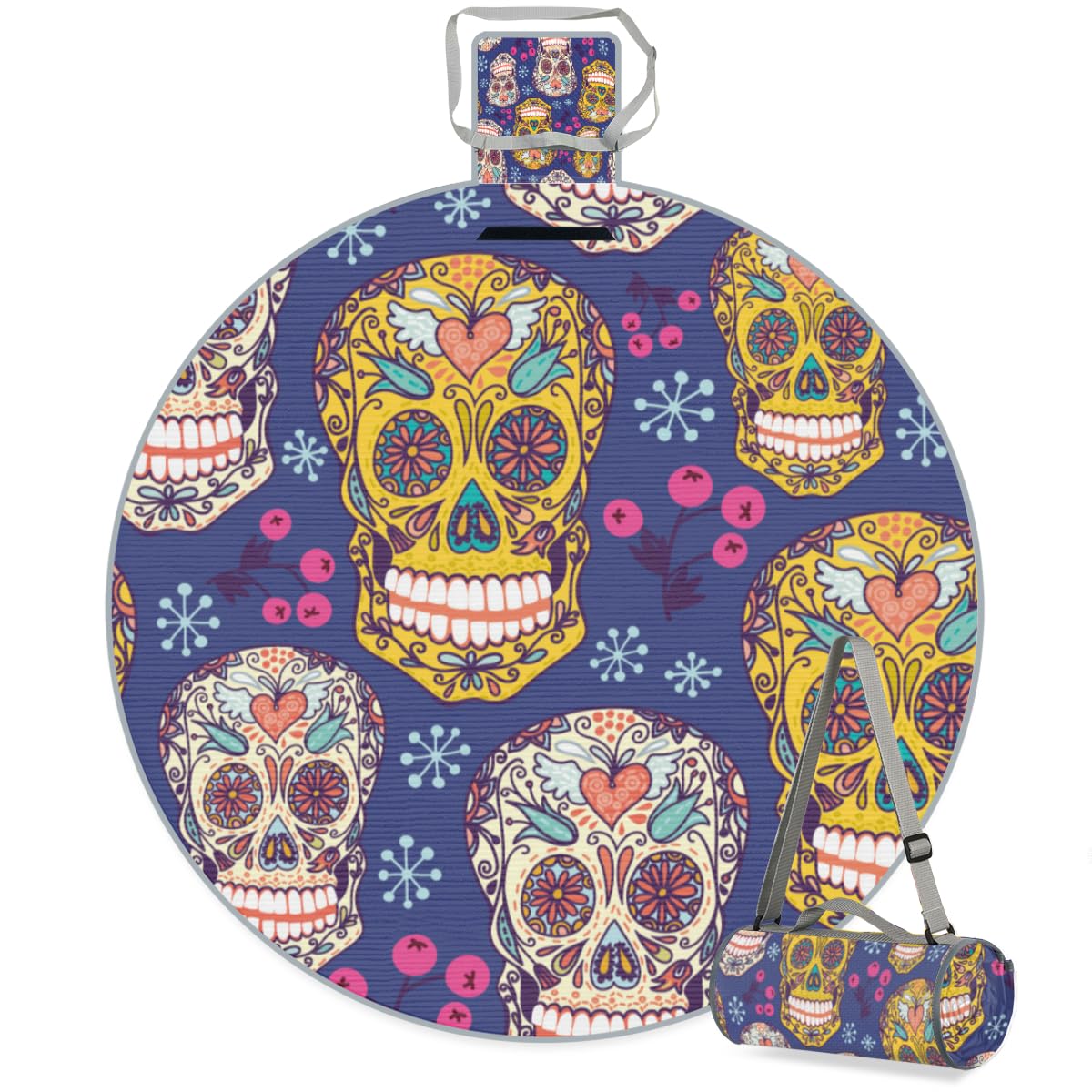 Shimoshe Flower Sugar Skull Picnic Outdoor Blanket Foldable Waterproof Sandproof Beach Blanket Portable Water-Resistant Round Picnic Mat for Travel Camping Park Lawn