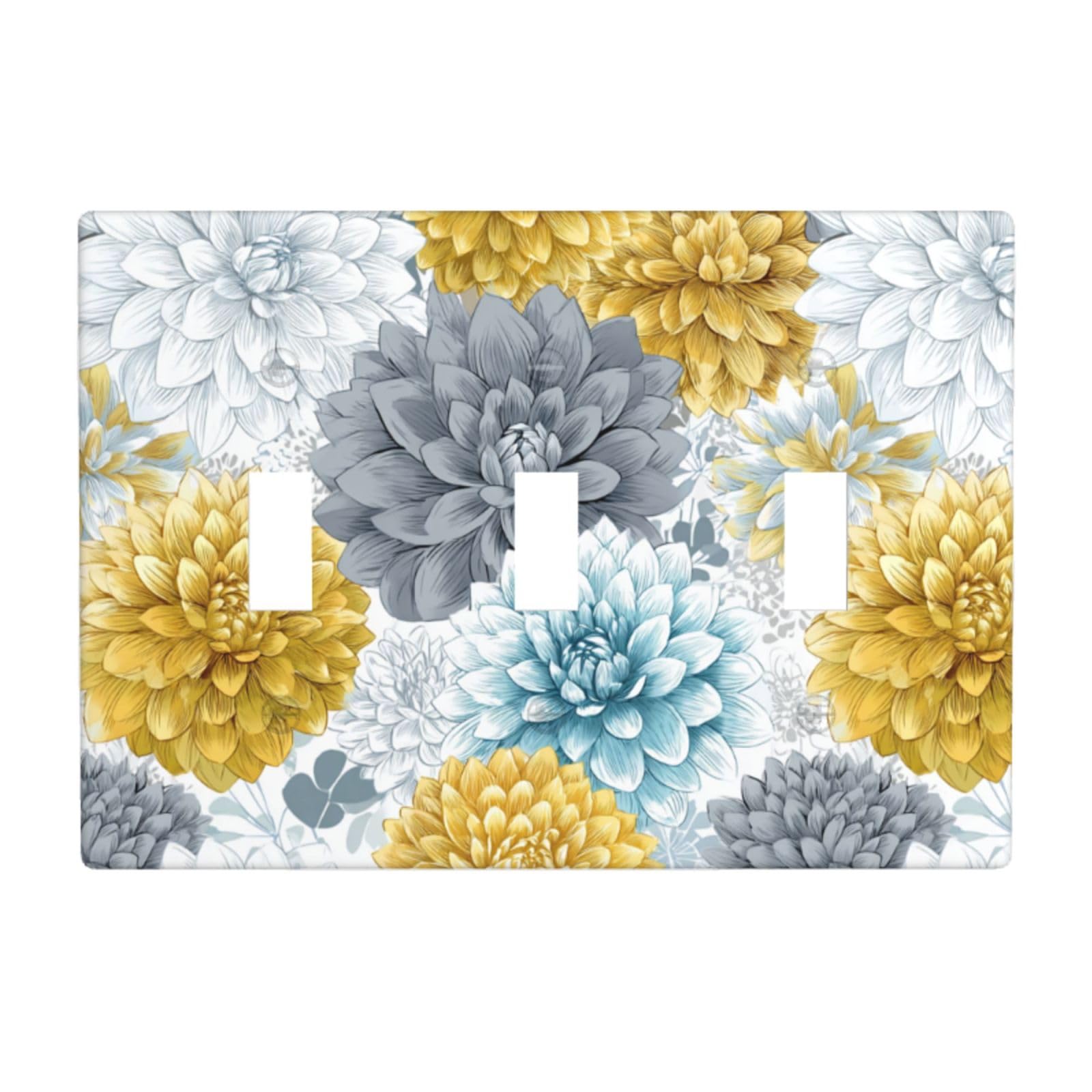 Yellow and Gray Dahlia Flowers Light Switch Covers 3 Gang Triple Toggle Wall Plate Switchplate Electrical Faceplate for Bathroom Kitchen Bedroom Decor
