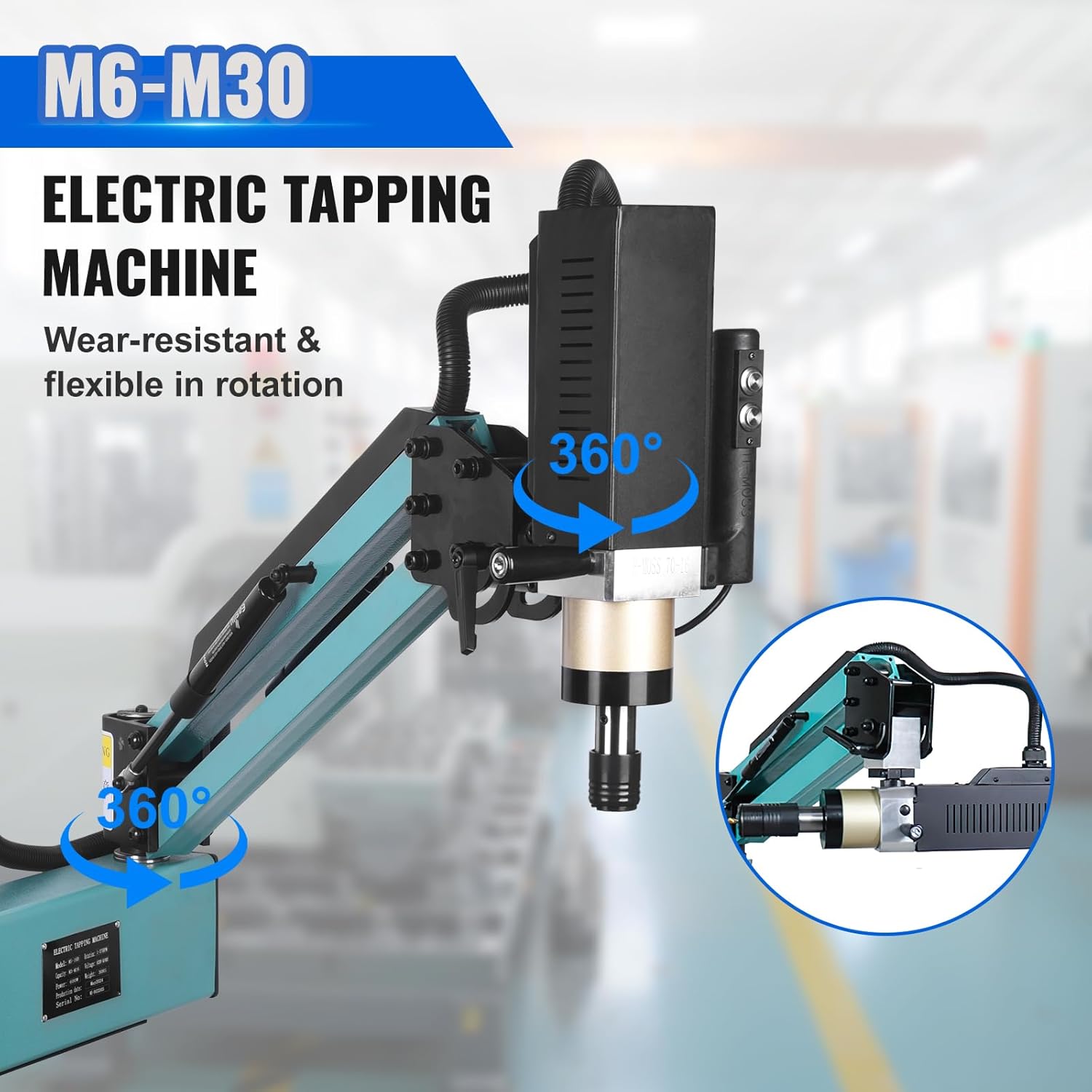 Doppy 220V Electric Tapping Machine M6-M30, 360° Multi-Directions Tapper, 1200W 0-156rpm, 9PCS Collets for Machinery Manufacturing & Mould Industry