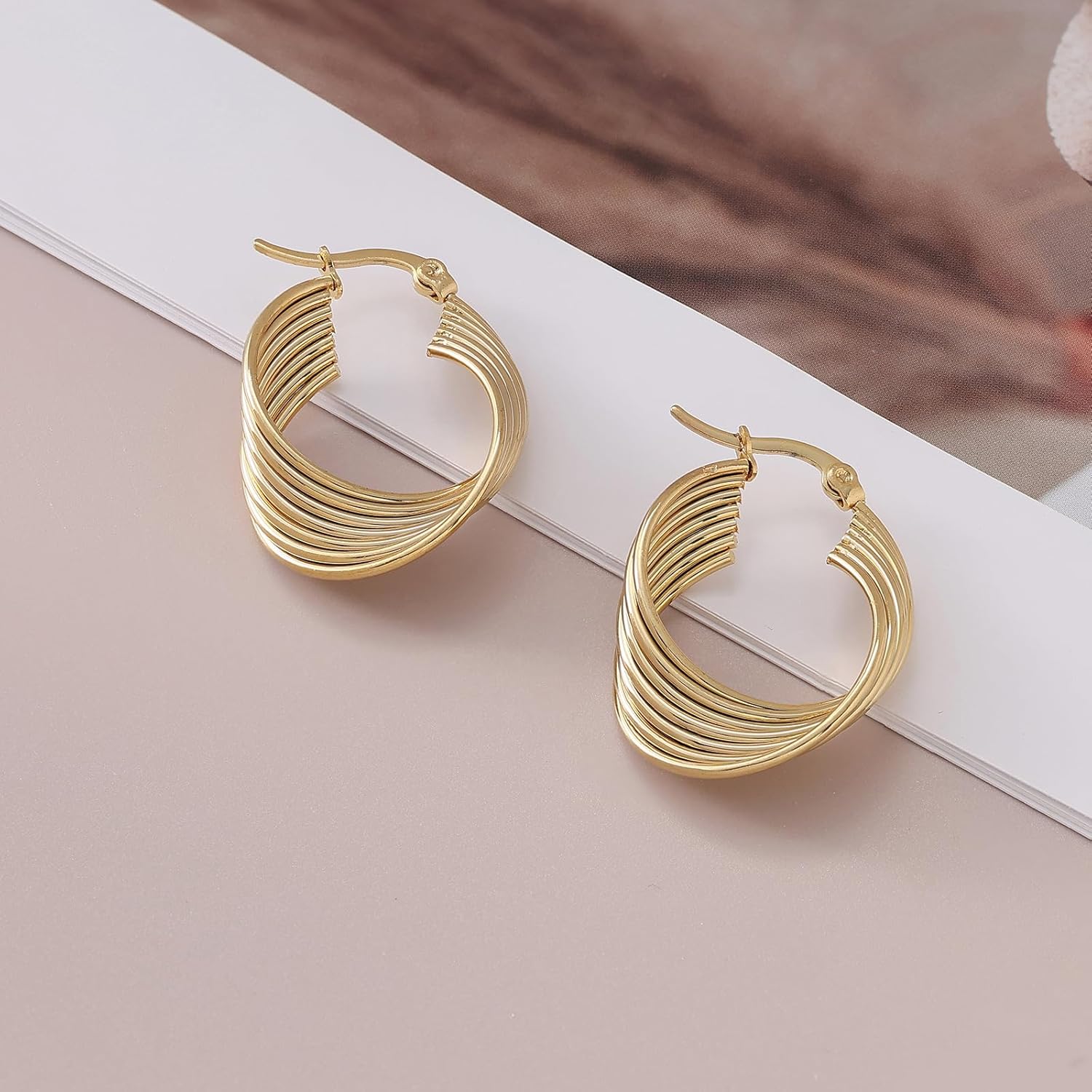 Statement Gold Twisted Hoop Earrings for Women – 18K Gold Plated, Textured Retro Style Lightweight Hoops for Casual and Elegant Outfits - Image 4