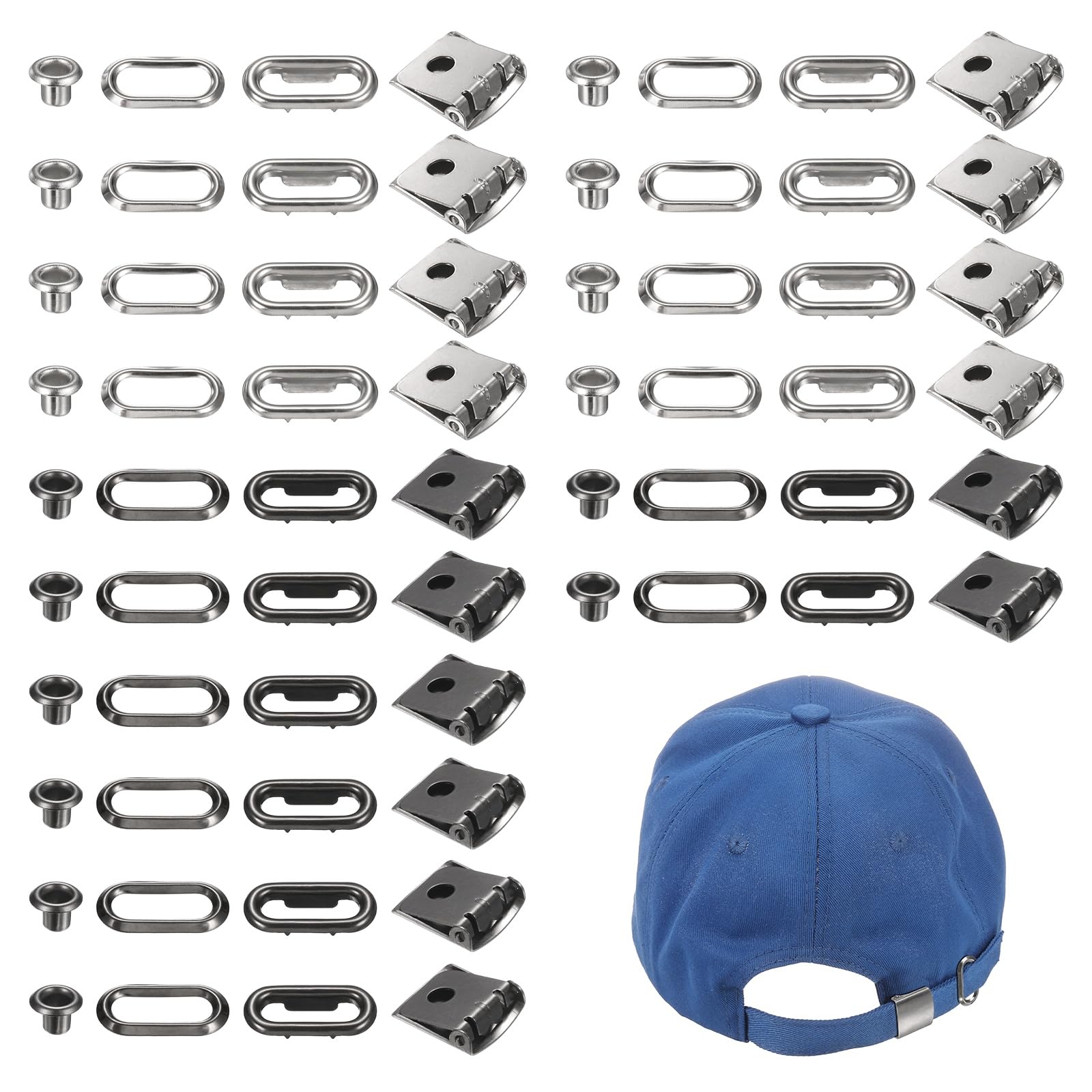TIXIPEM Stainless Steel Cap Buckle [16Set] - Hat Buckle Replacement Use for Hats Strap Repair- [Black, Matte Silver-5MM Hole Size] Adjustable Baseball Cap