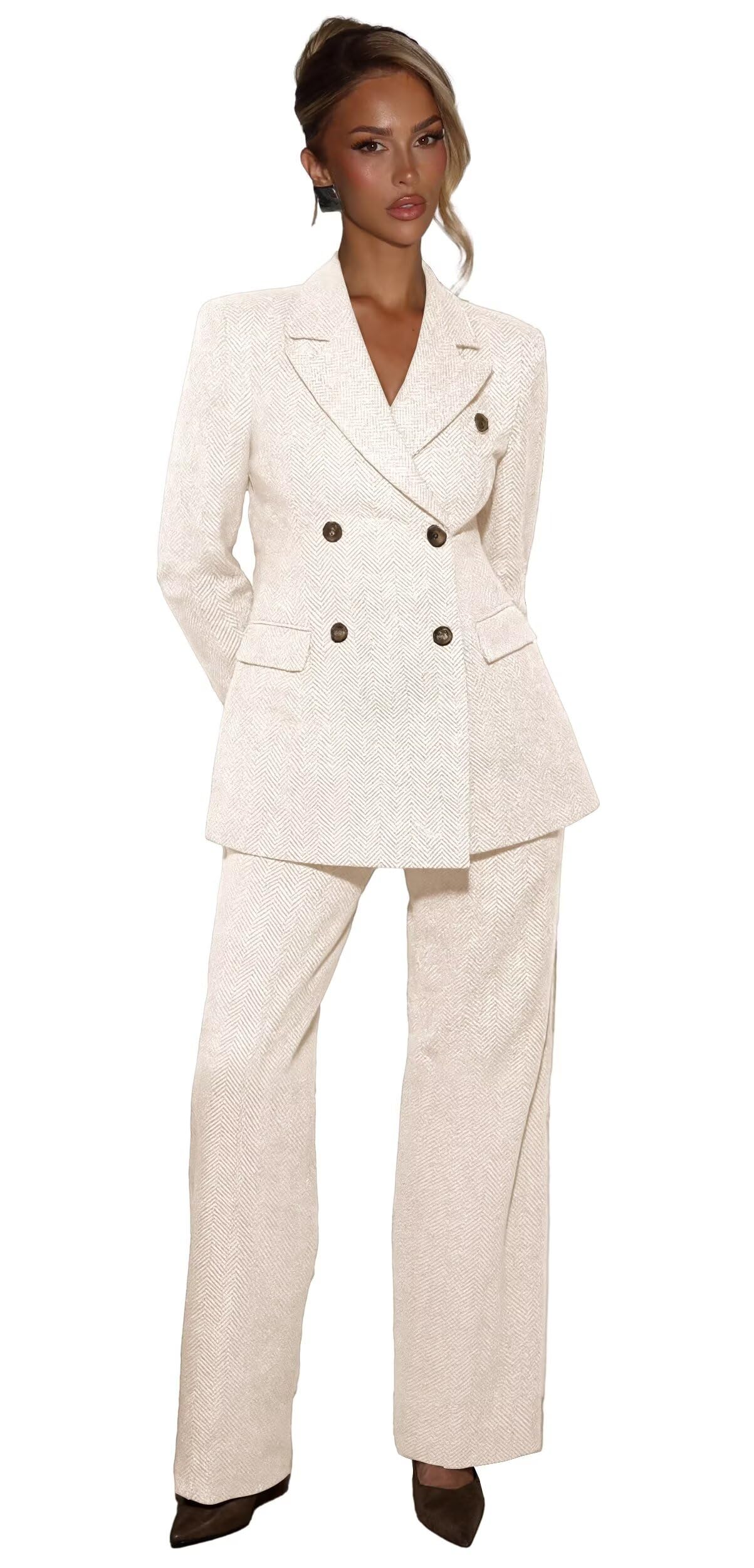 Tweed Suits for Women Business Casual 2 Piece Womens Suit Winter Herringbone Double Breasted Pant Suits for Women