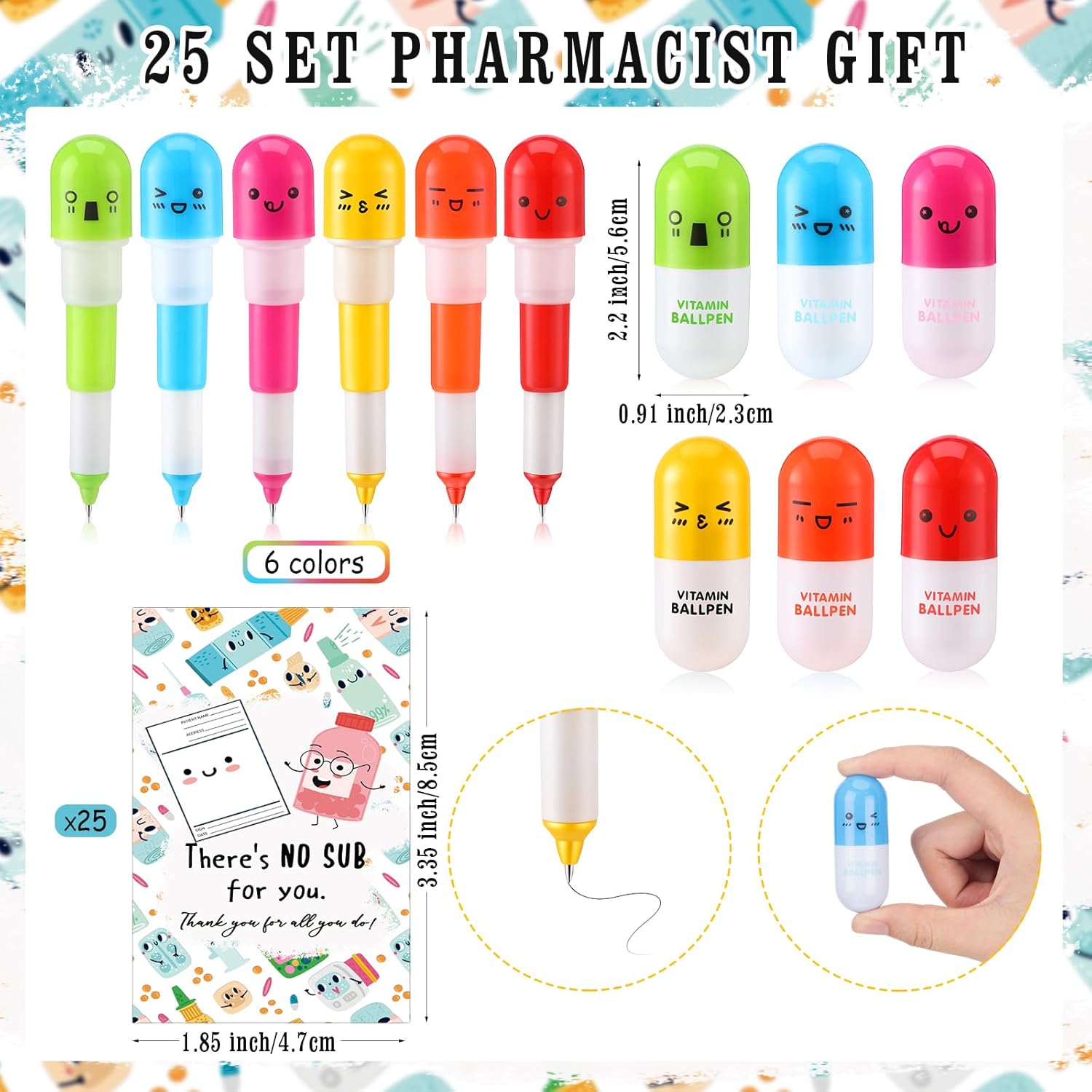Sayglossy 25 Sets Pharmacy Technician Accessories Gift Pharmacy Badge Reel Pill Shaped Pens Inspirational Appreciation Card Pharma Funny Gifts for Nurse Practitioner Week Medical Assistant Doctor