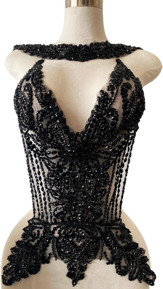 Large Size handsewing Rhinestones Bodice Applique sew on Crystal Beads Sequins Trim Patches Wedding Dress Decoration Accessories 13X16X22in (Black)