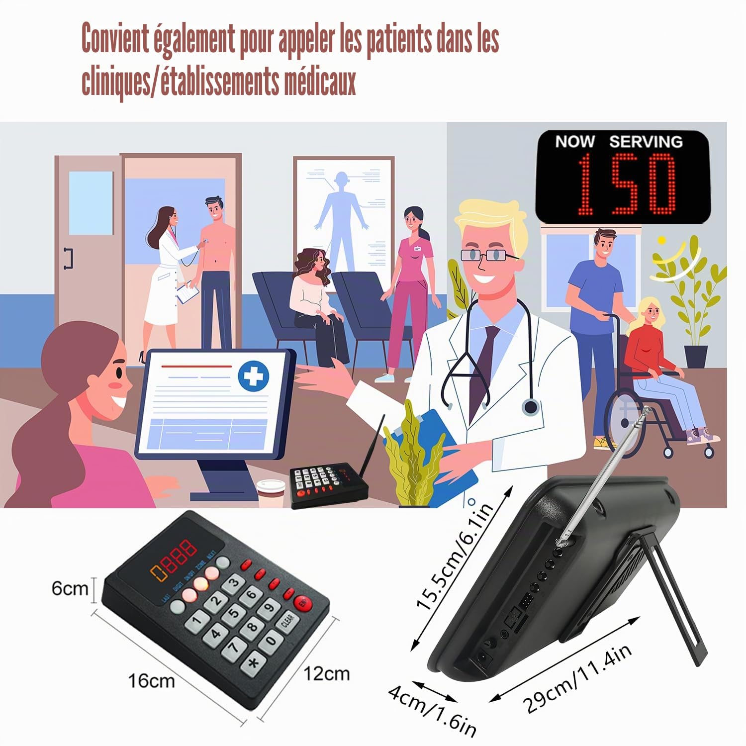 Gestion File d'Attente,Écran Appel de Numero pour Numéro File d’Attente, Systeme Aappel Client,Teleavertisseur Restaurant,Systeme d'Appel Salle d'Attente(1 Affichage+1 Clavier)