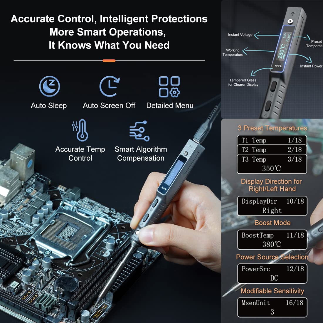 Original TS101 Lötkolben aktualisiert von TS100 DC 65W PD 45W Leistung, OLED-Bildschirm-Anzeige 50-400 ℃ Temperatureinstellbar, programmierbares Smart Mini Lötkolben mit B2 Löteinspitze Kit