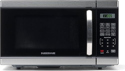 Farberware Horno microondas de encimera, 1.1 pies cúbicos, 1000 vatios con iluminación LED, bloqueo infantil, interior gris fácil de limpiar, acero