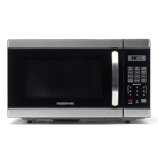 Farberware 1.1 Cu. Ft. Countertop Microwave Oven – 1000 Watt Power, Auto Cook Settings, Defrost, Easy Clean and Child Safety Lock - Stainless