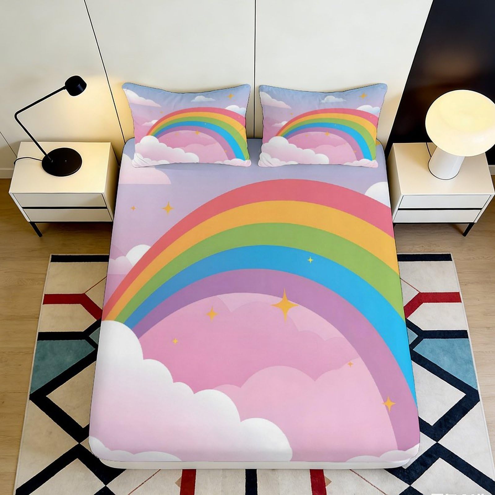 3D Printed Rainbow Clouds Fitted Sheet Microfiber Soft Breathable 3D Printed Pink Sky Mattress Cover for Bedroom Dormitory Guest Room Mattress Protection Decor 180x200x25cm