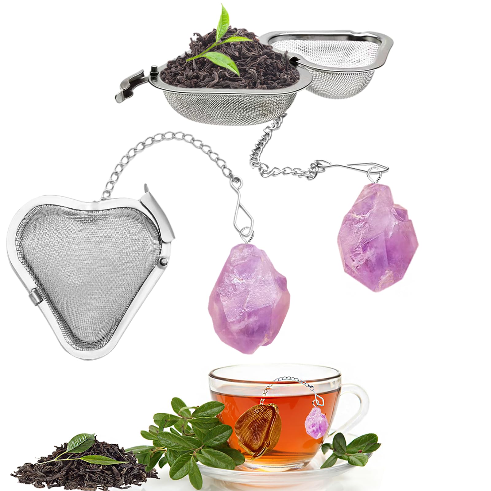 2PCS Loose tea infuser?Stainless Steel Tea Strainers for Loose Tea?tea leaves infuser?Fine mesh tea ball + crystal pendant?Suitable for brewing all loose leaf teas (2, Amethyst)