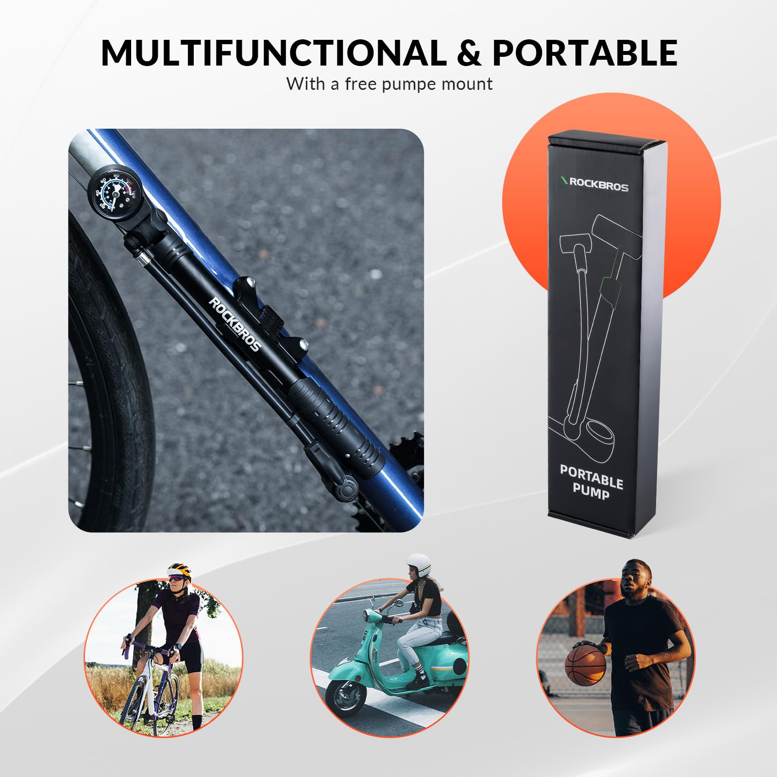ROCKBROS Pompa Bicicletta, Pompa Bici Portatile, Pompa da Pavimento, Pompa ad Alta Pressione 120 PSI, Pompa con Manometro, Pompetta Presta Schrader, Adatto per Bici MTB, Bici Corsa, Accessori Bici
