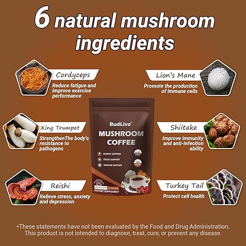 Miniatura 2 de Café de hongos  Café instantáneo en polvo con melena de león orgánica, Reishi, Cordyceps, cola de pavo, trompeta King y Shiitake  Energía, enfoque,