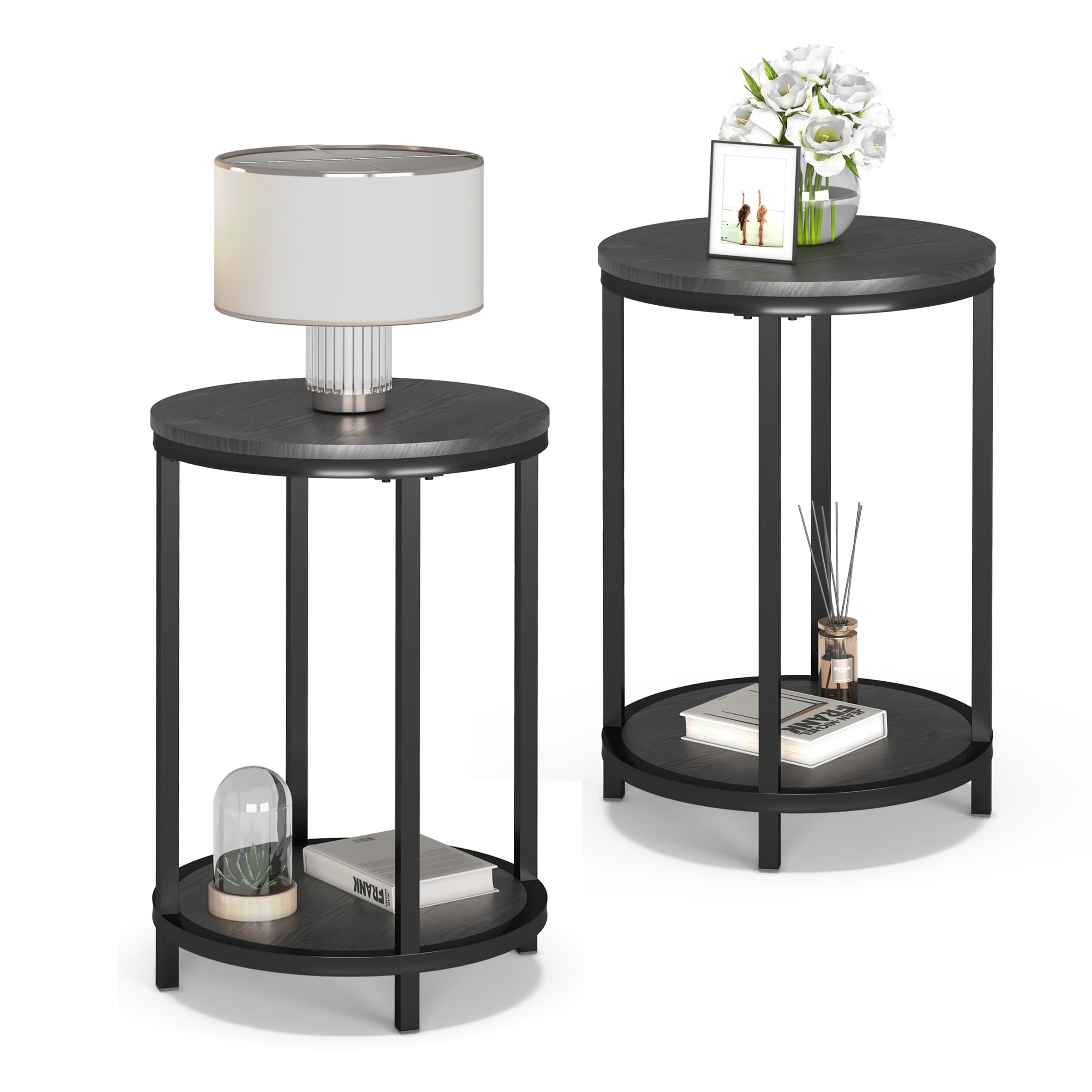 NSdirect Round Side Table Set of 2,16in Rustic Wooden End Table Surface Top & Sturdy Metal Legs Nightstand for Living Room Bedroom Farmhouse Sofa