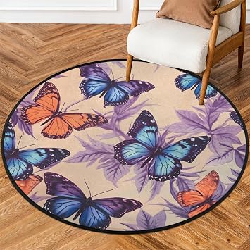 Round Rug 3 Area Rug Indoor Carpet Mat Boho Style Plant Blue Orange Butterfly Non-Slip Floor Mat for Bathroom Office Classroom Bedroom Nursery