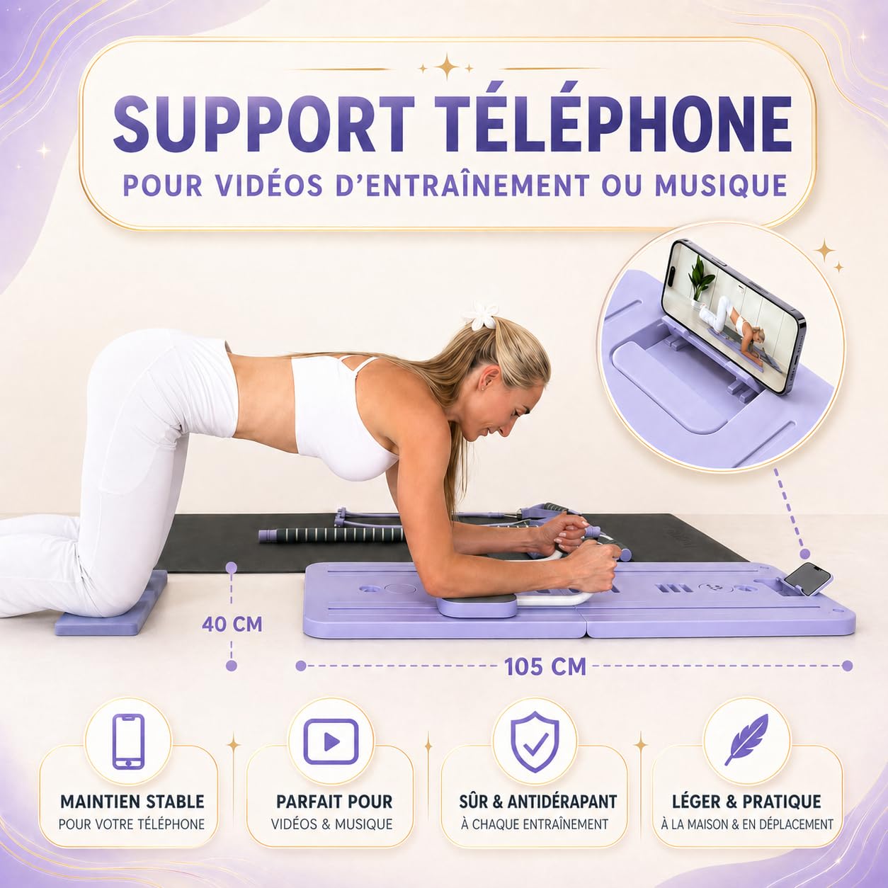 Yosana Planche de Pilates I Reformer pour la maison I Planche de fitness 8 en 1 pliable et portable I Entraîneur abdominal avec coussin pour genoux, bandes de résistance et barre de Pilates I Design