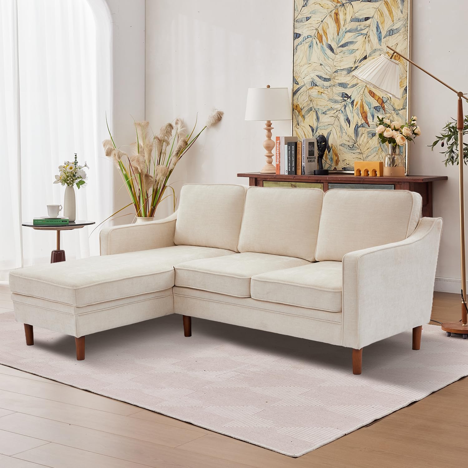 Kingfun 88" L-Shape Sofa, Chenille Sectional Couch, Mid Century Modern Couches with Solid Wood Frame for Living Room Bedroom