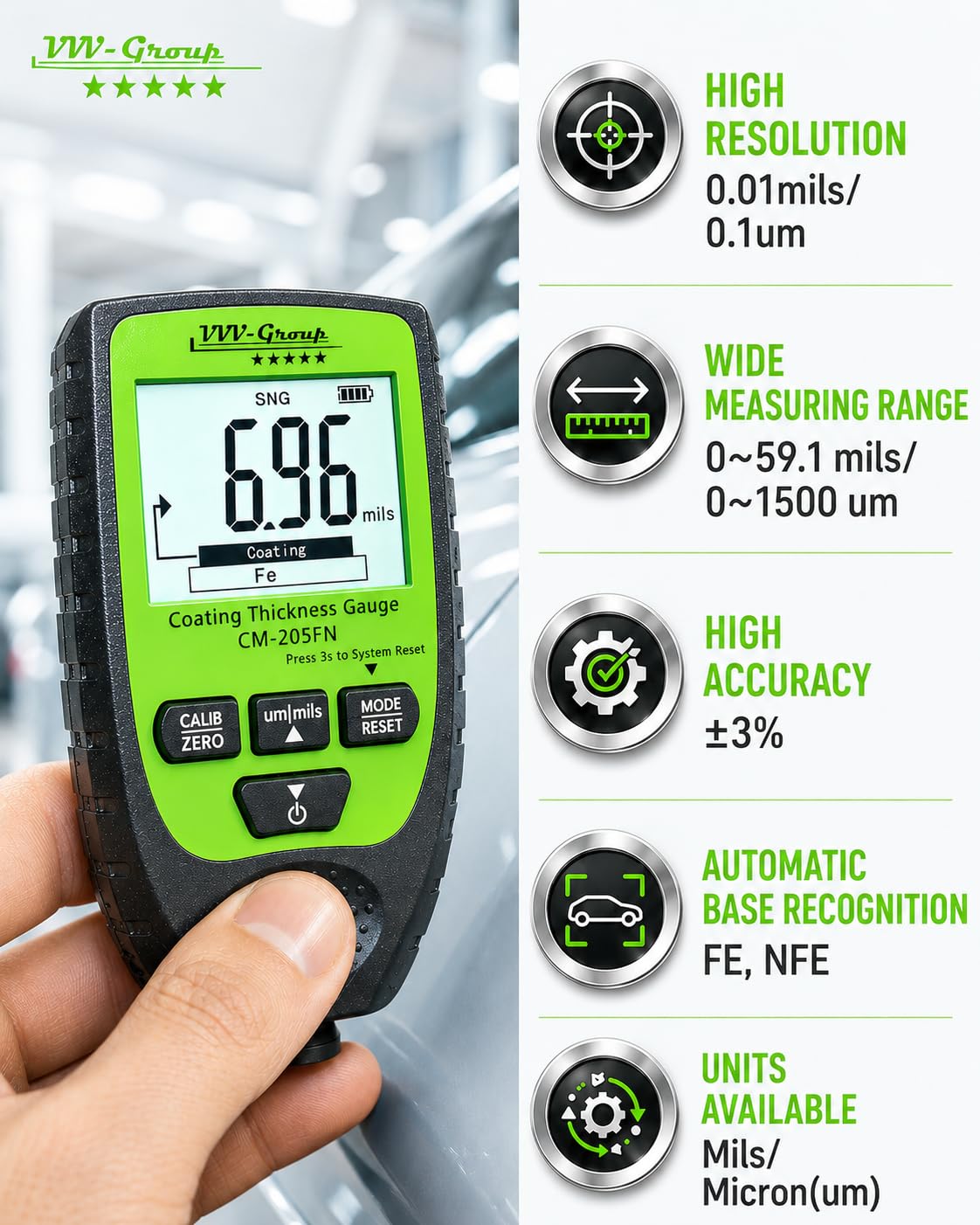 Paint Thickness Gauge CM-205FN for Cars Digital Coating Thickness Meter Auto FeNFe Detection 0.1 m Resolution 01500 m 059.1 mils 3%2 m Accuracy Backlit LCD product thumbnail 3