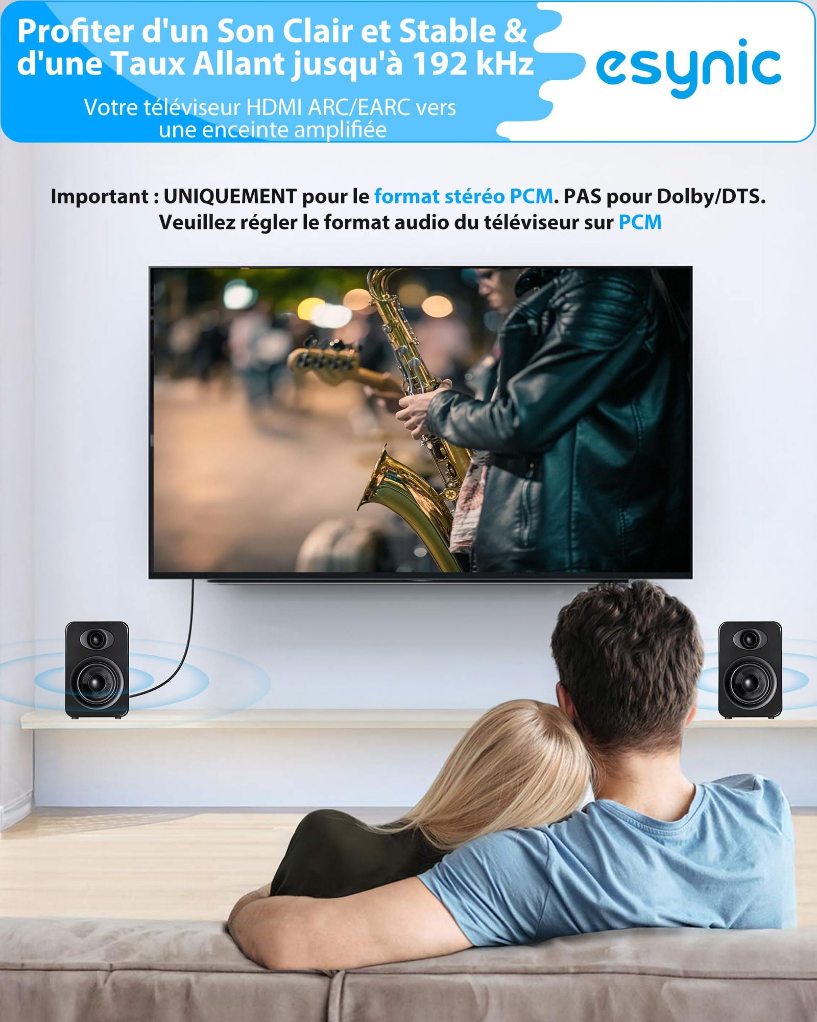 eSynic Câble Convertisseur Audio eARC/ARC vers RCA 192kHz Commande CEC Audio PCM Uniquement Pas de Dolby/DTS Adaptateur HDMI eARC/ARC vers Stéréo Analogique L/R pour TV vers Haut-parleur Amplificateur