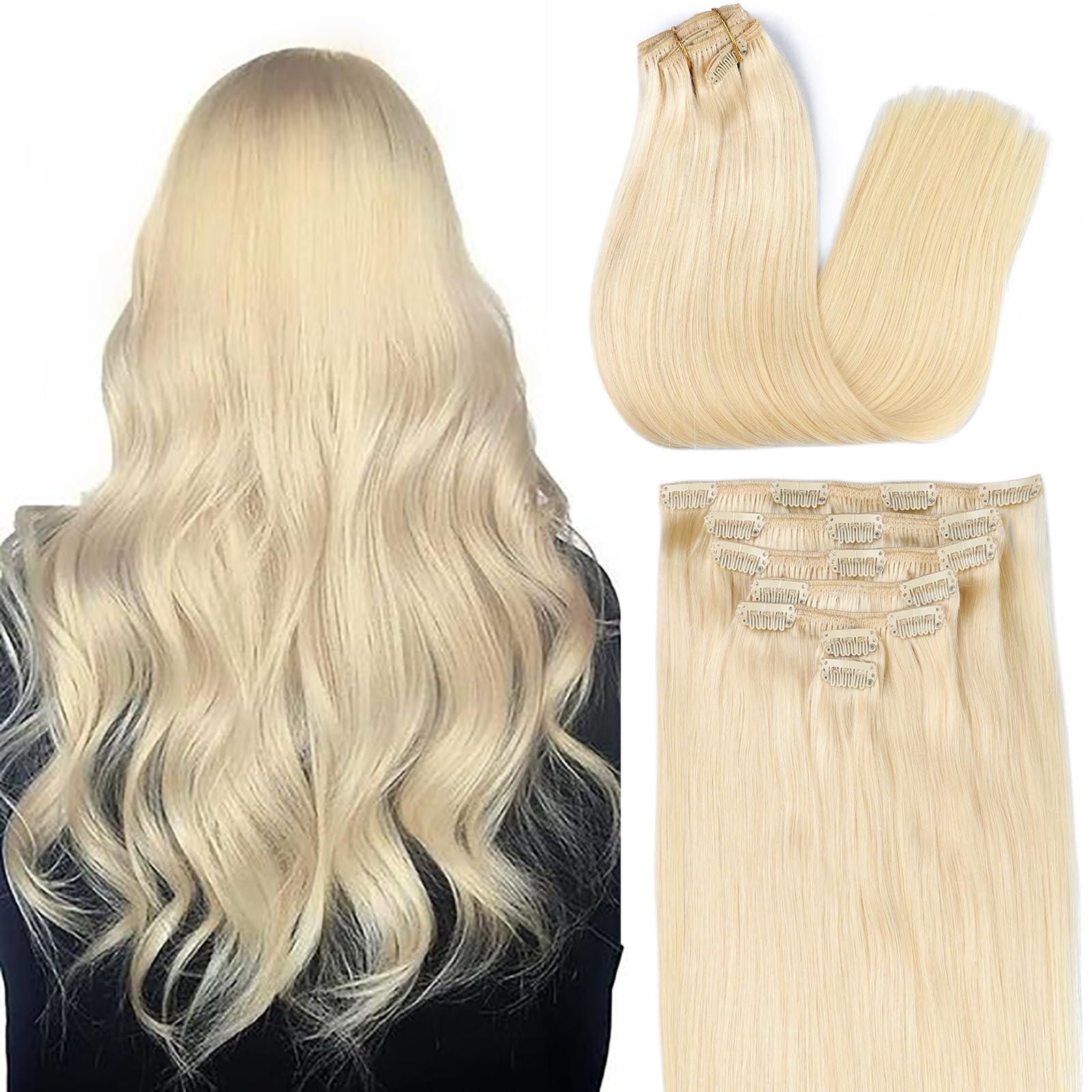 ORIGEN Clip in Hair Extensions Real Human Hair Clips ins Remy Hair Extensions for Women Full Head Platinum Blonde 120g 16 Clips 7 Pcs 22 Inches