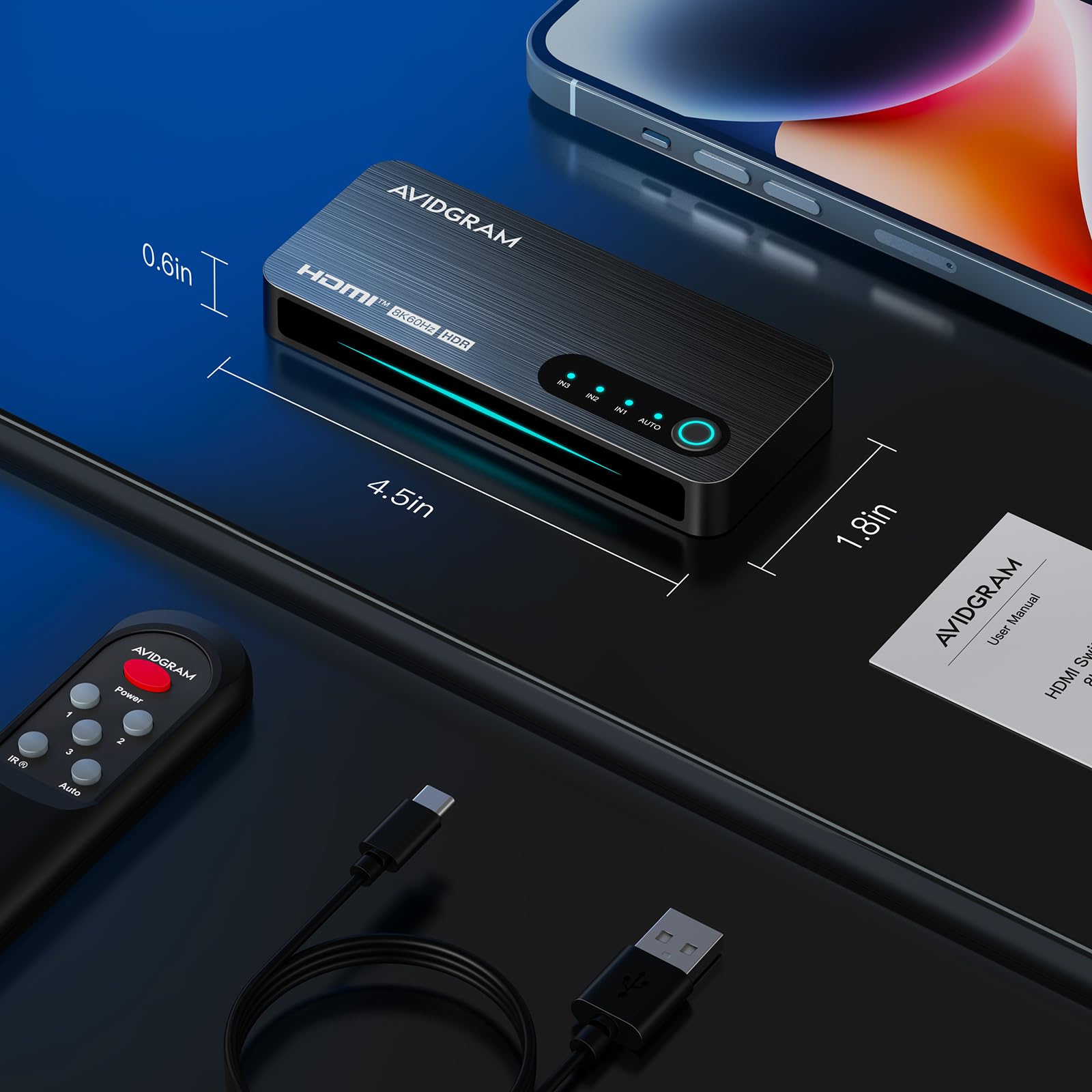 HDMI 2.1 Switch 3x1, AVIDGRAM 8K HDMI Umschalter 3 in 1 Out mit IR Fernbedienung, HDMISwitcher 4K 120Hz Auto Unterstützung 8K 48Gbps