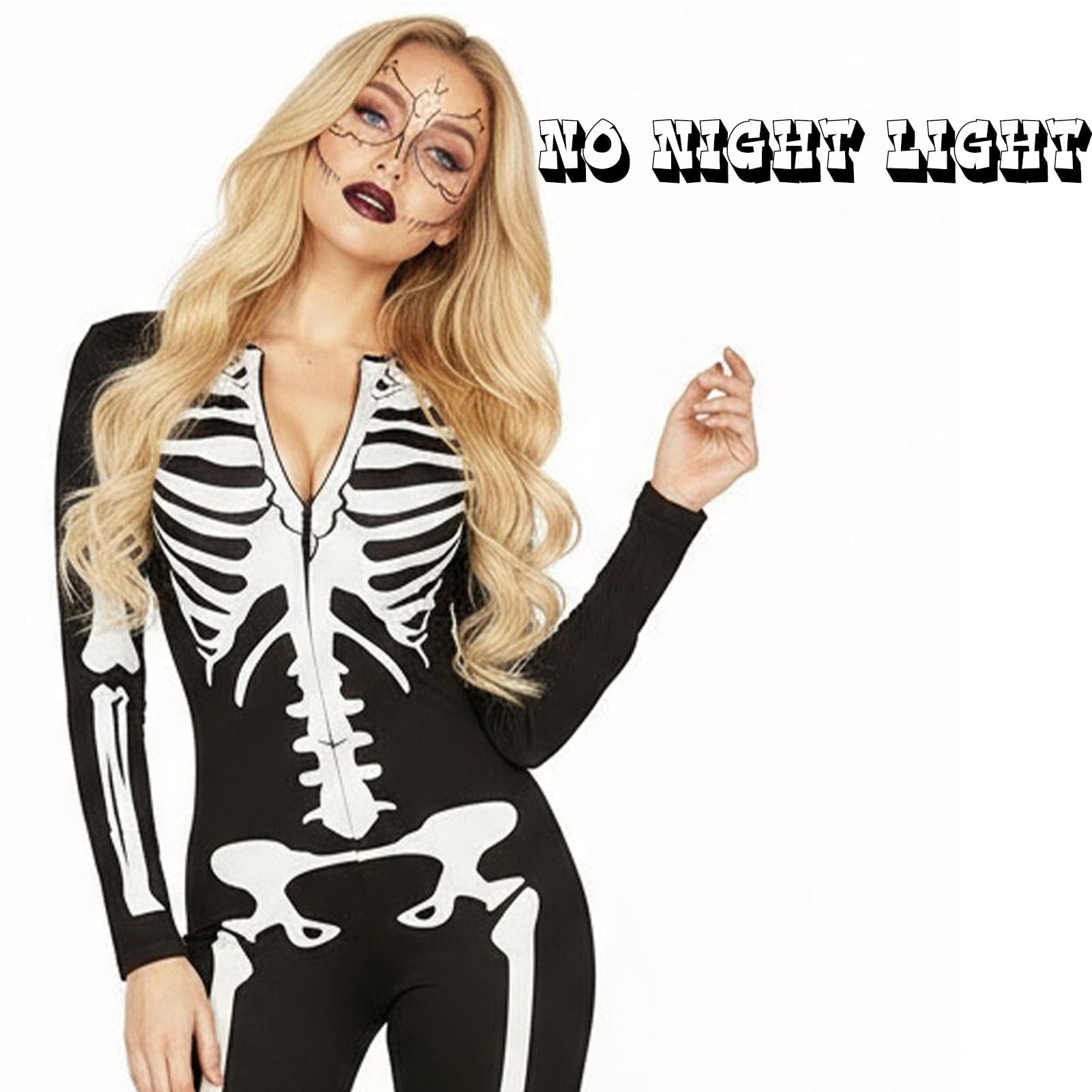 Forfamy Glow in The Dark Skeleton Costume Women for Halloween Adults White Glowing Halloween Zipper Jumpsuit (Style-1, L) - Image 4
