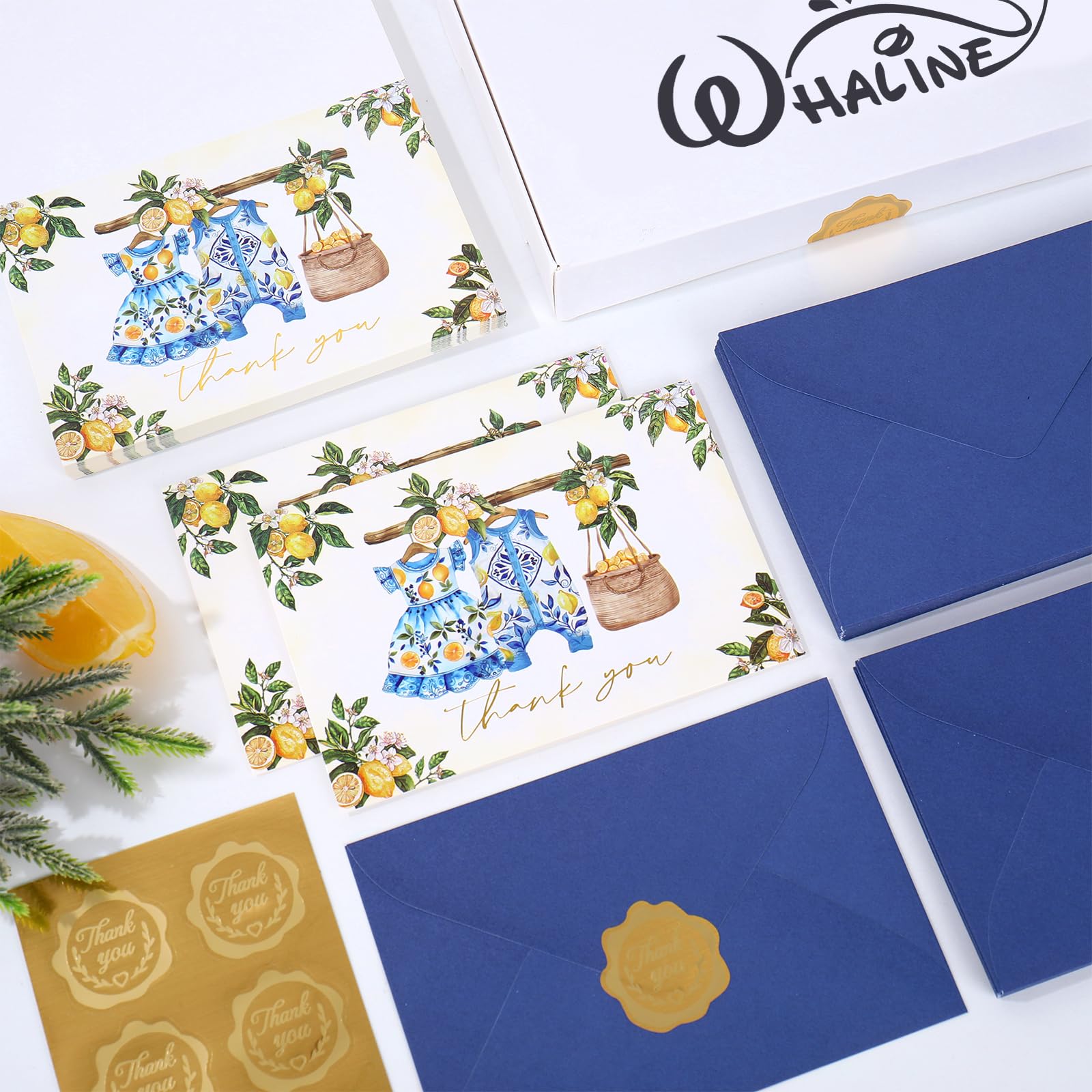 Whaline Lot de 50 cartes de remerciement pour fête prénatale en tissu citron méditerranéen feuille d'or avec enveloppes, autocollants, cartes vierges pour anniversaire, révélation du sexe, 10,2 x 15,2