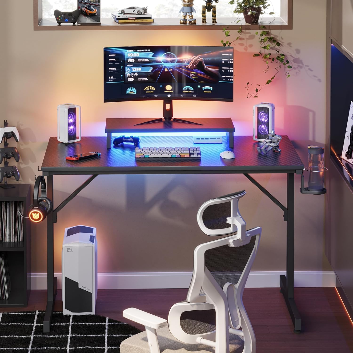 Bestier Scrivania da Gioco LED per PC con Supporto per Monitor, Tavolo Stabile per Computer con Portabicchieri e Gancio per Cuffie, 106 cm (Nero)