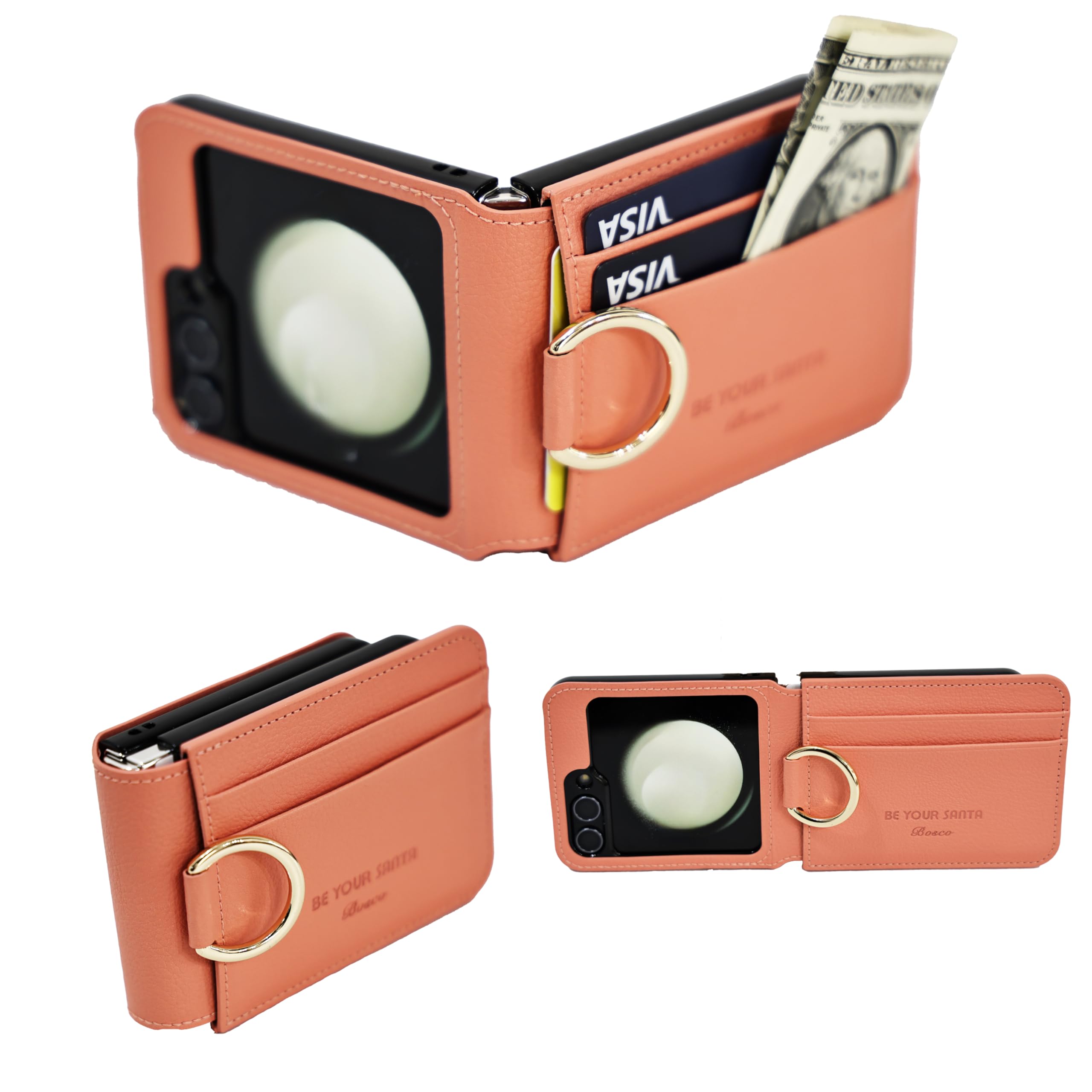 [BeYourSanta] Galaxy Z Flip 5 Case Bosco & Bianco with Card Holder, Camera Cover, and Hinge Protection - Italian Vegan Leather | Ring Holder, Wireless Charging (Coral Pink, Z Flip5 Bosco)