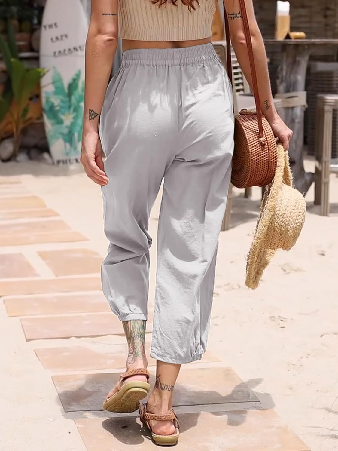 Les umes Women's Cropped Pants Cotton High Waist Wide Leg Capris Casual Loose Harem Pants Trousers with Pockets - Image 3