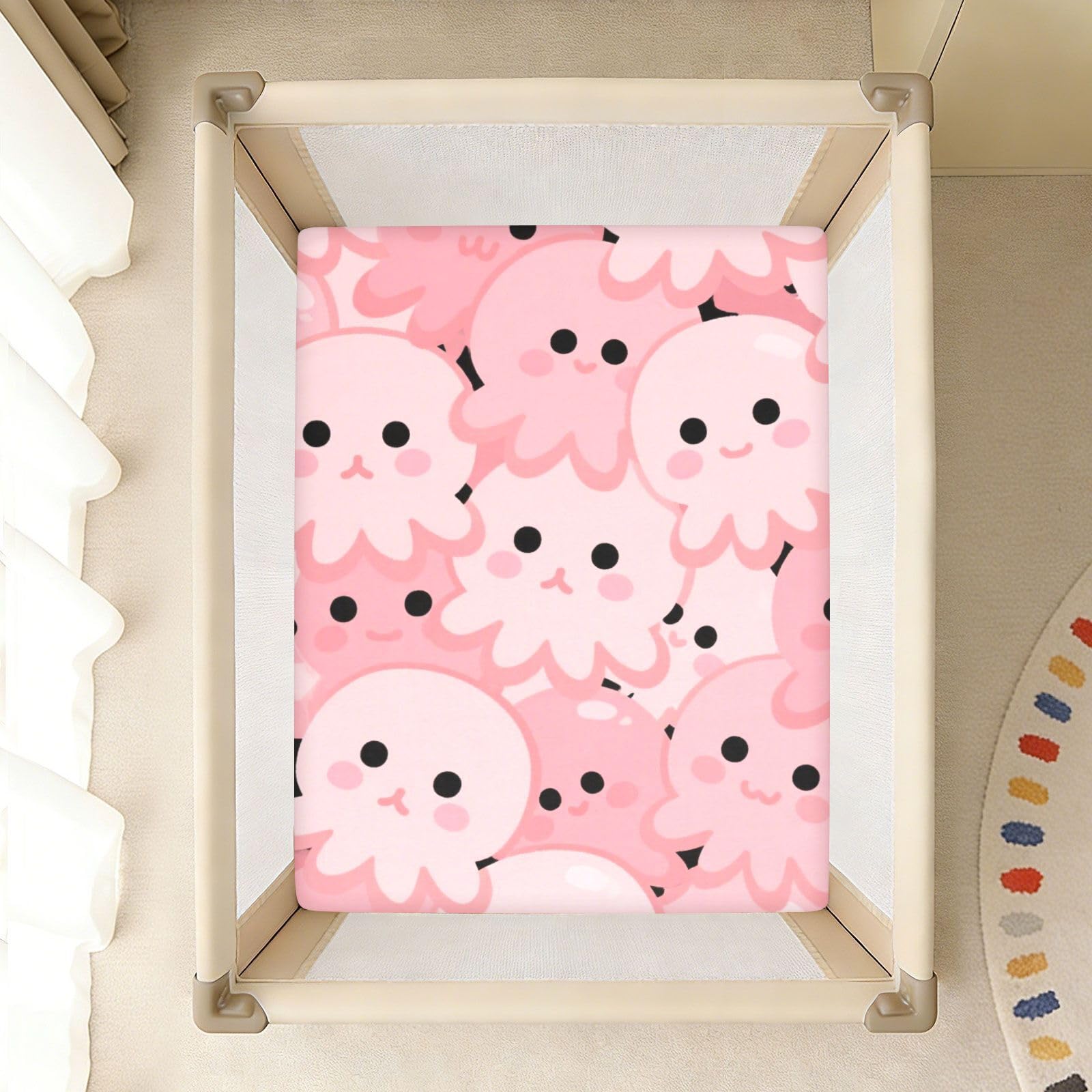 Juego de sábanas para cuna de bebé, de algodón, suaves, transpirables, de dibujos animados, con diseño de pulpópodos, color rosa, 1 unidad