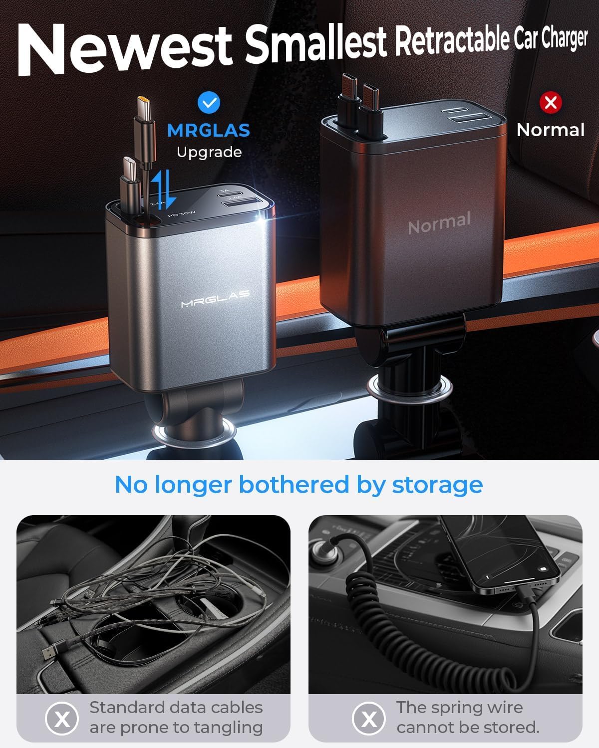 Caricabatteria da auto retrattile per iPhone 17, 69 W, 4 in 1, USB C, ricarica rapida con cavo di tipo C, adattatore per accendisigari per iPhone 17 16 Pro Max Samsung S25 iPad, accessori auto da uomo