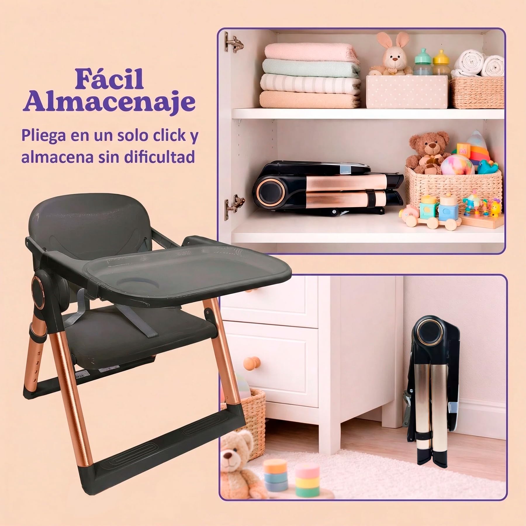Chaise Haute Bébé Pliable Compacte 2 en 1, Rehausseur Bébé Portable avec Sangles, 4 Hauteurs Réglables, Plateau Amovible, Gain de Place, Sac de Transport, 6-36 Mois jusqu’à 15 kg (Noir Doré)