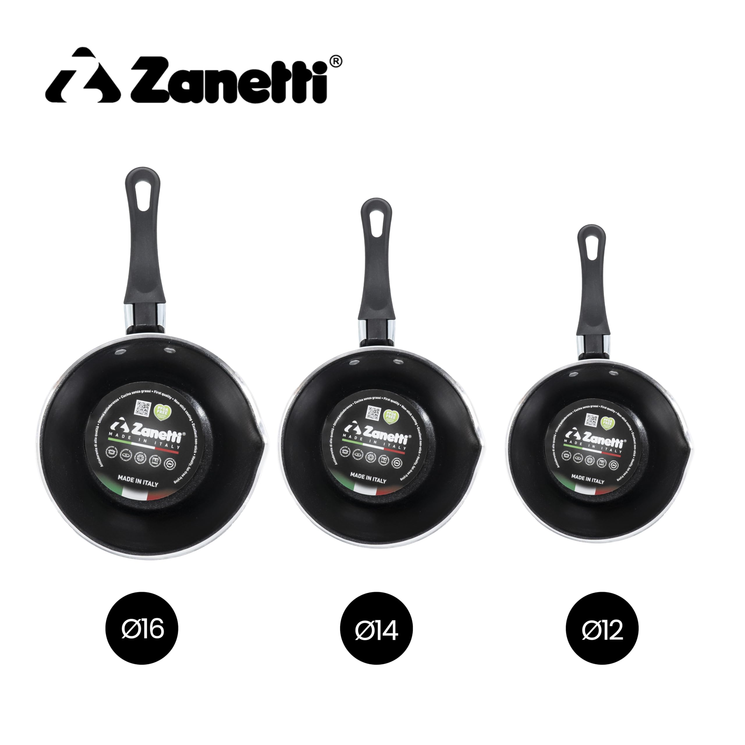 zanetti, Tris di Casseruole Antiaderenti Coniche, Diametri 12 cm, 14 cm, 16 cm, Casseruole con Beccuccio in Alluminio Alimentare, Made in Italy