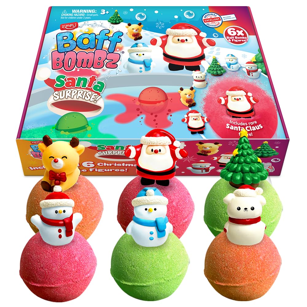 ZIMPLI 6 grandi bombe da bagno sorpresa Babbo Natale, 6 giocattoli, set regalo di Natale per bambini, giocattolo da bagno effervescente