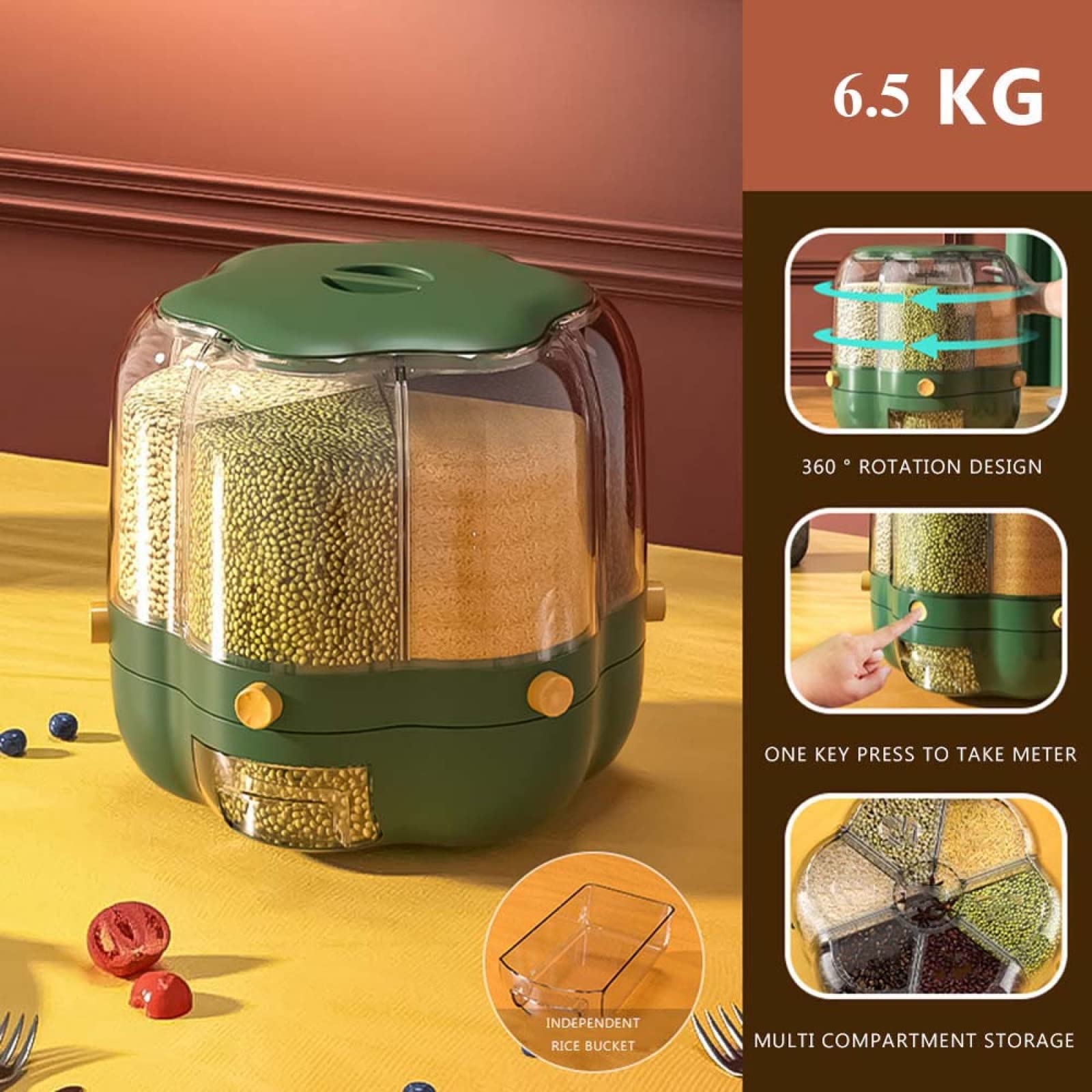 Dispenser per cereali rotante a 6 griglie Dispenser per cereali rotante a 360 Dispenser per cereali sigillati Secchio separato Contenitore per alimenti secco rotondo per riso, Verde