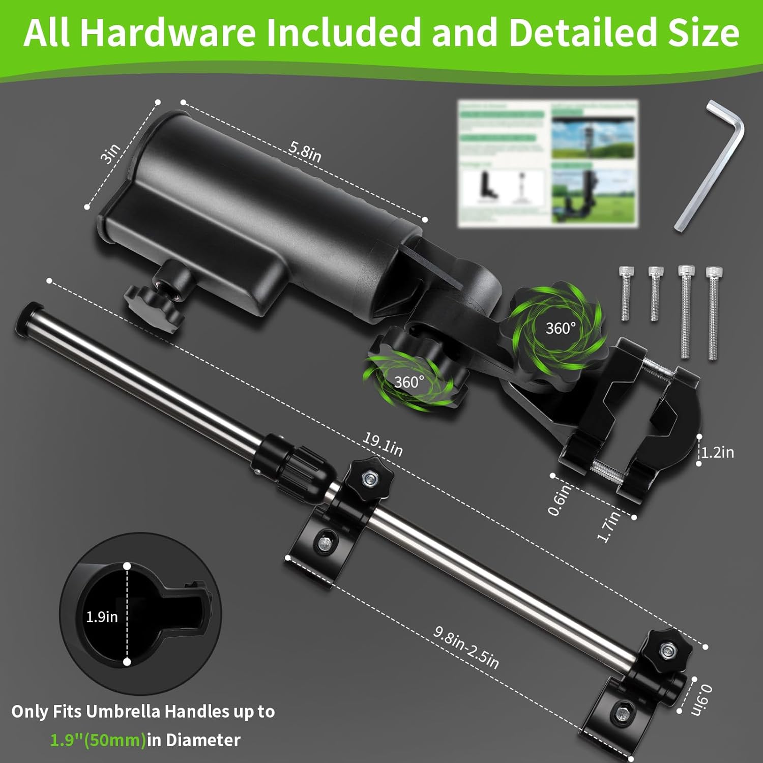 Heavy Duty Golf Push Cart Umbrella Holder, Upgraded Aluminium Alloy Base Ultra Windproof, Universal Umbrella Stand for Electric Lawn Mower, Stroller, Wheelchair, Mobility Scooter, Beach Chair - Image 9