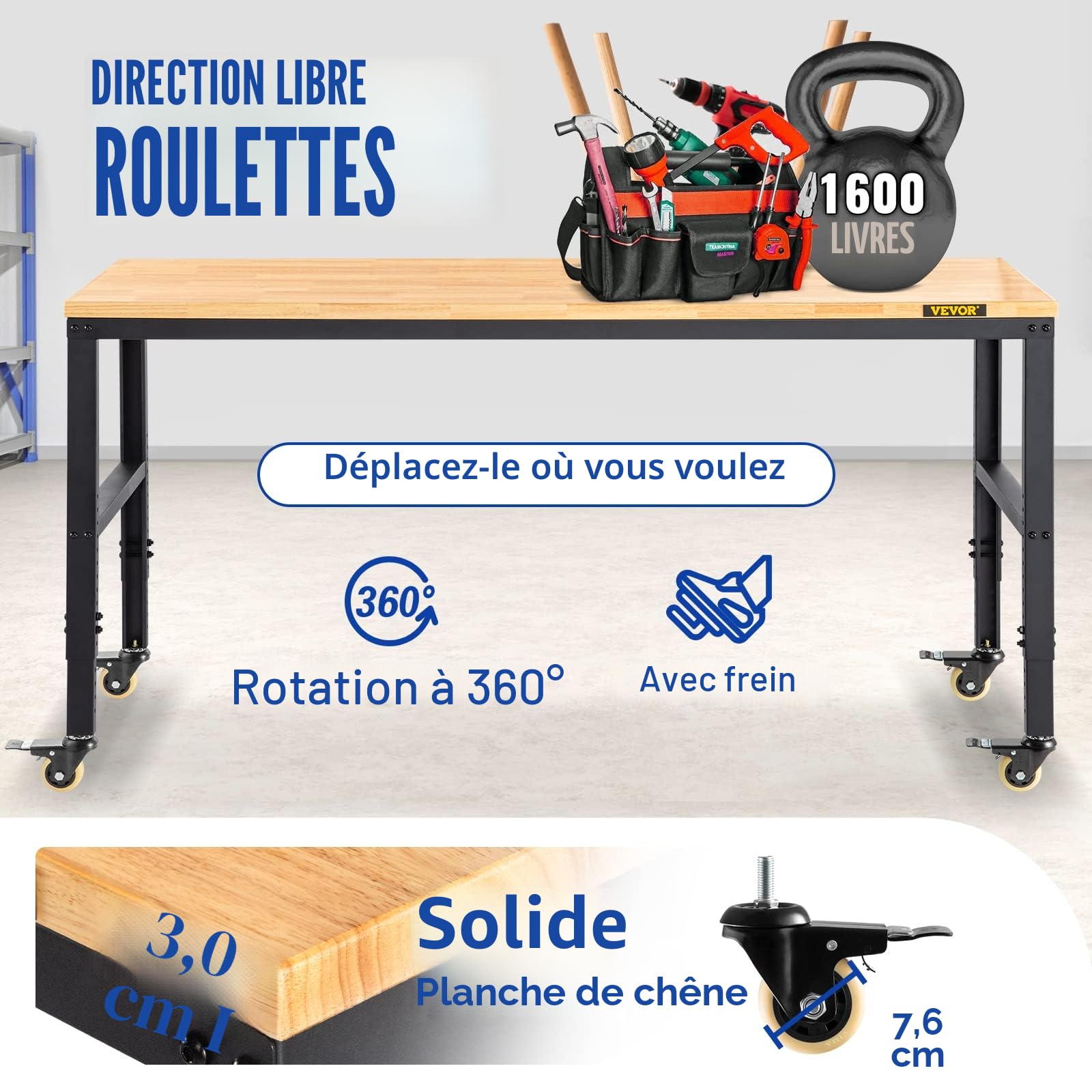VEVOR Établi Garage Atelier Table de Travail 155x51x105 cm Hauteur Réglable 80-105 cm, Plateau en Bois Chêne Cadre en Acier, Multifonctionnel avec 4 roulettes pour Réparation Bricolage