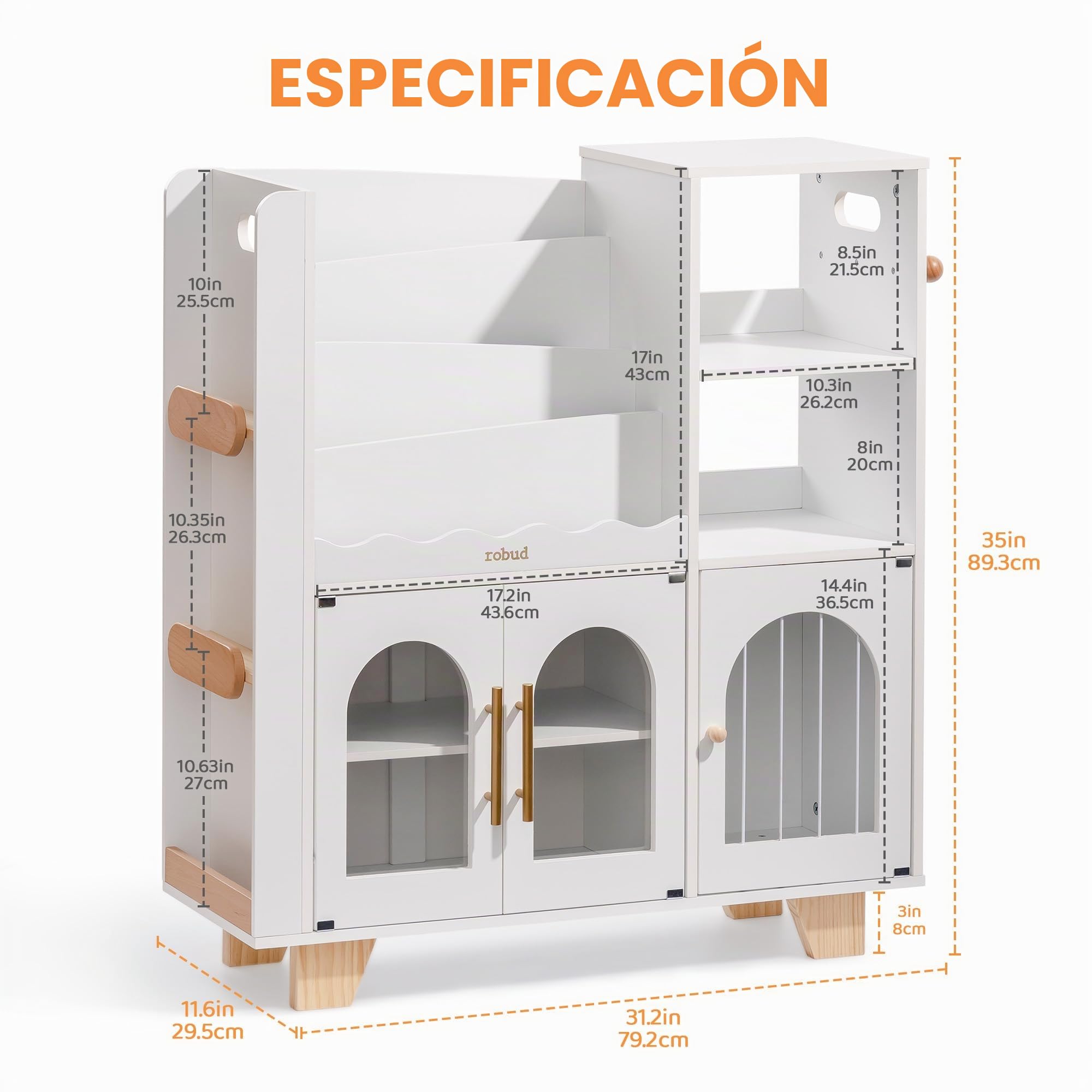 ROBUD Estantería para Libros Infantiles, Color Blanco, de Madera, Varios Niveles, con Zona de Almacenamiento de Juguetes, Armario Infantil para Grandes Libros de imágenes, Muebles Infantiles