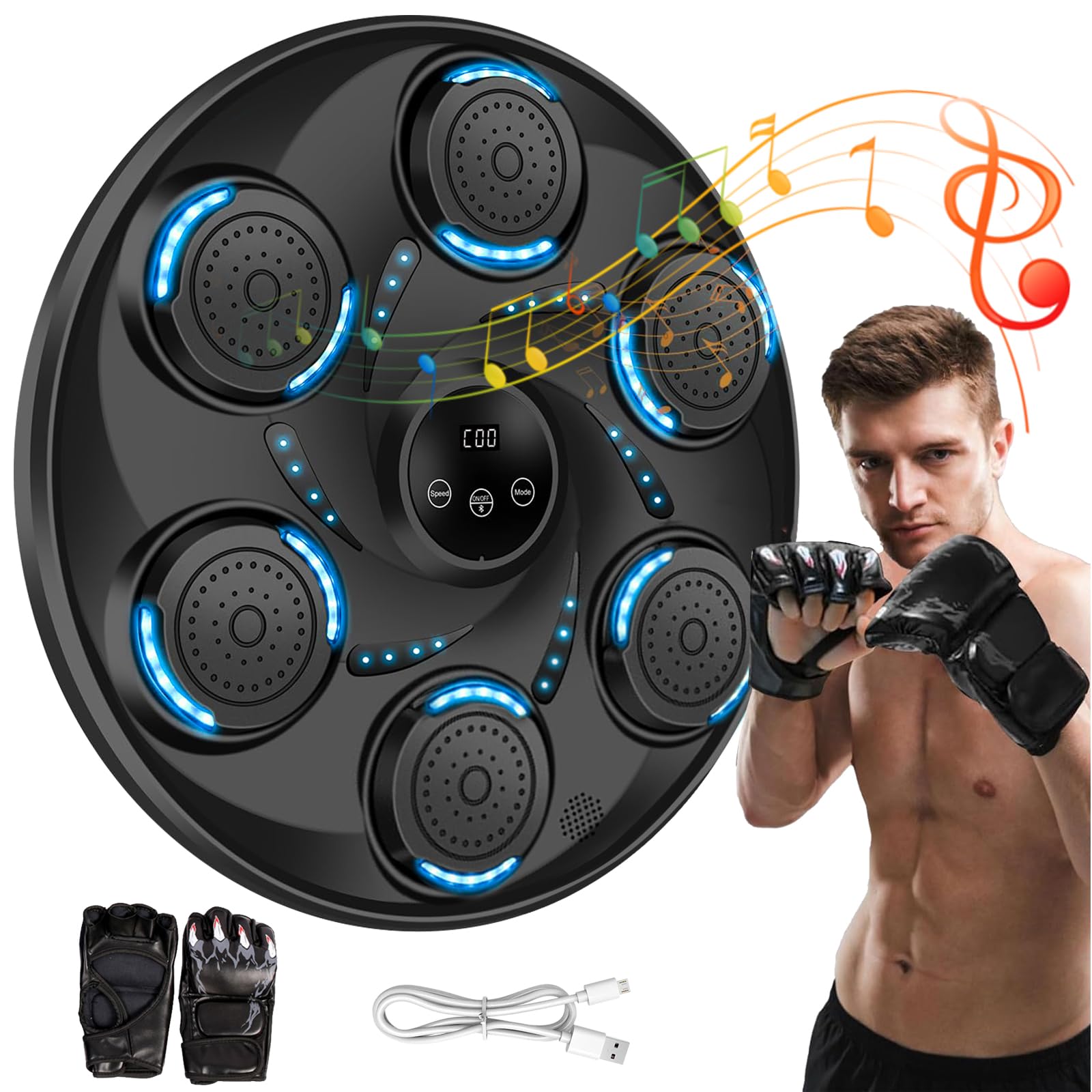 Macchina Da Boxe Musicale Con LED - Bluetooth, 9 Velocità, Montaggio A Parete, Per Adulti E Bambini, Con Guanti